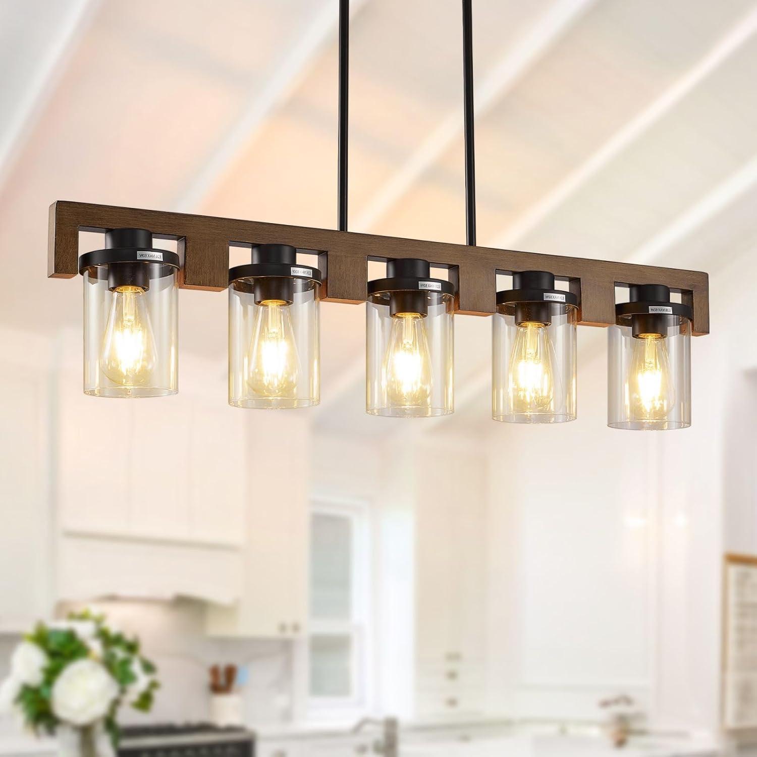 Black and Wood 5-Light Linear Island Chandelier