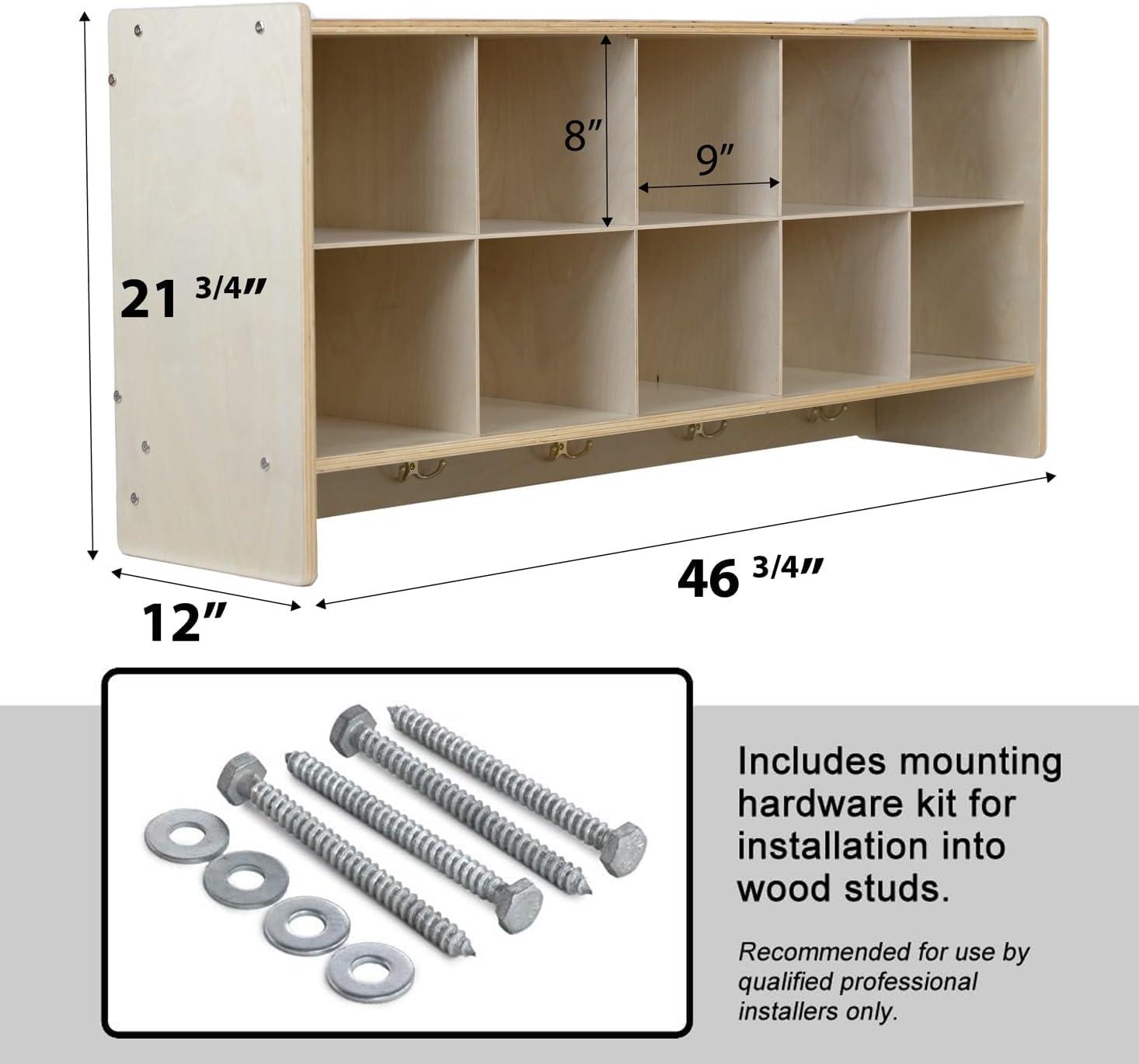 RRI Goods Daycare 10 Section Wall Hanging Cubby Organizer Shelf White Bins