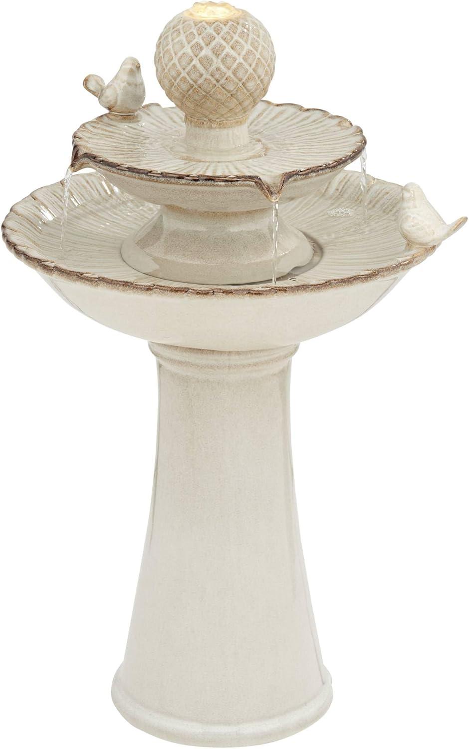 Cream Ceramic 2-Tier LED Outdoor Floor Fountain with Bird Statuette