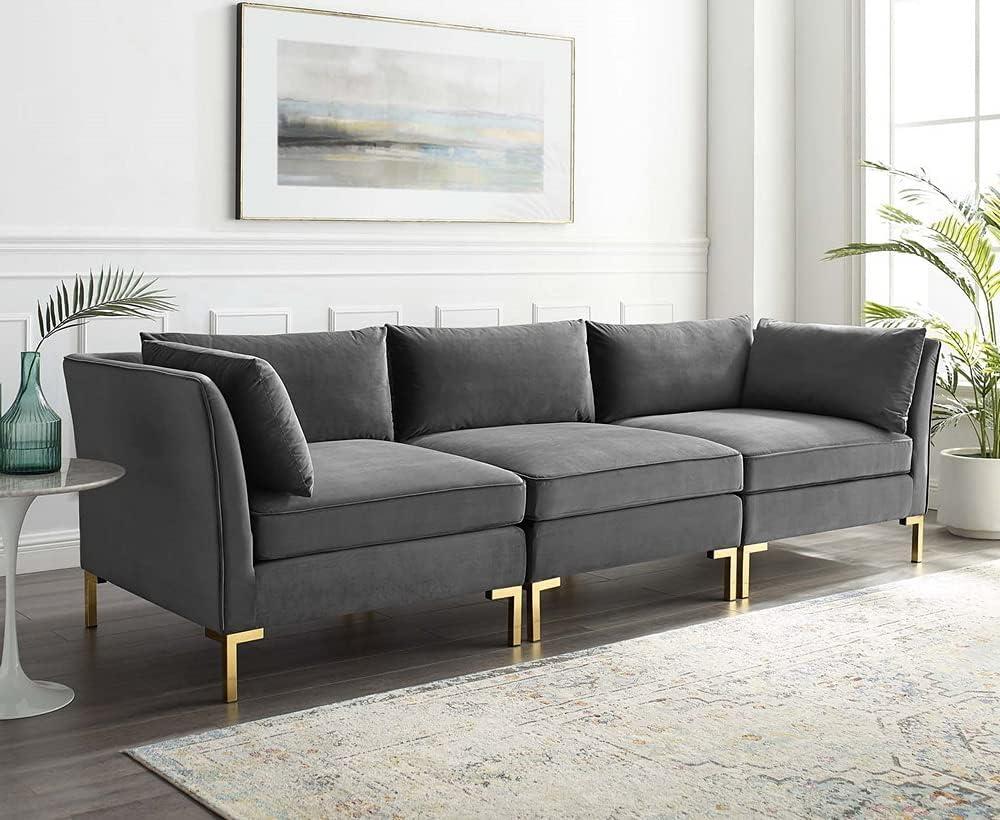 Glam Deco Gray Velvet 103" Sectional Sofa with Gold Legs