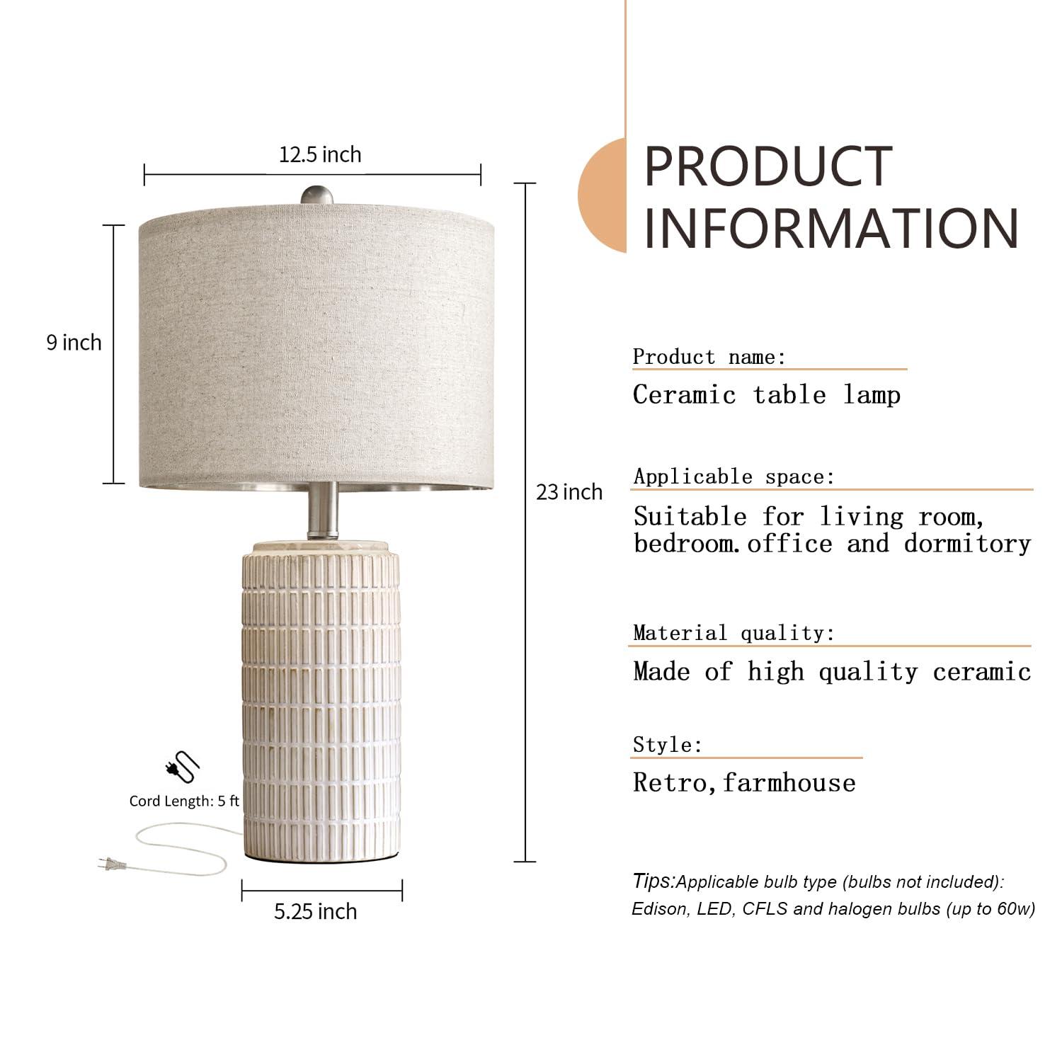 23" Modern Ceramic Table Lamp Set of 2 for Living Room White Desk Lamps for Bedroom Farmhouse Bedside Nightstand Bedside Lamp End Table Lamps Beige