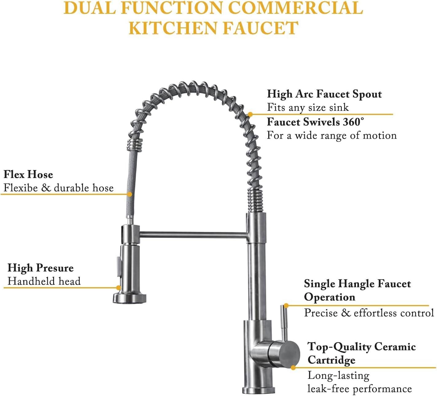 Faucet With Pull Down Sprayer, Brushed Nickel Single Handle Pull Out Spring Sink Faucets