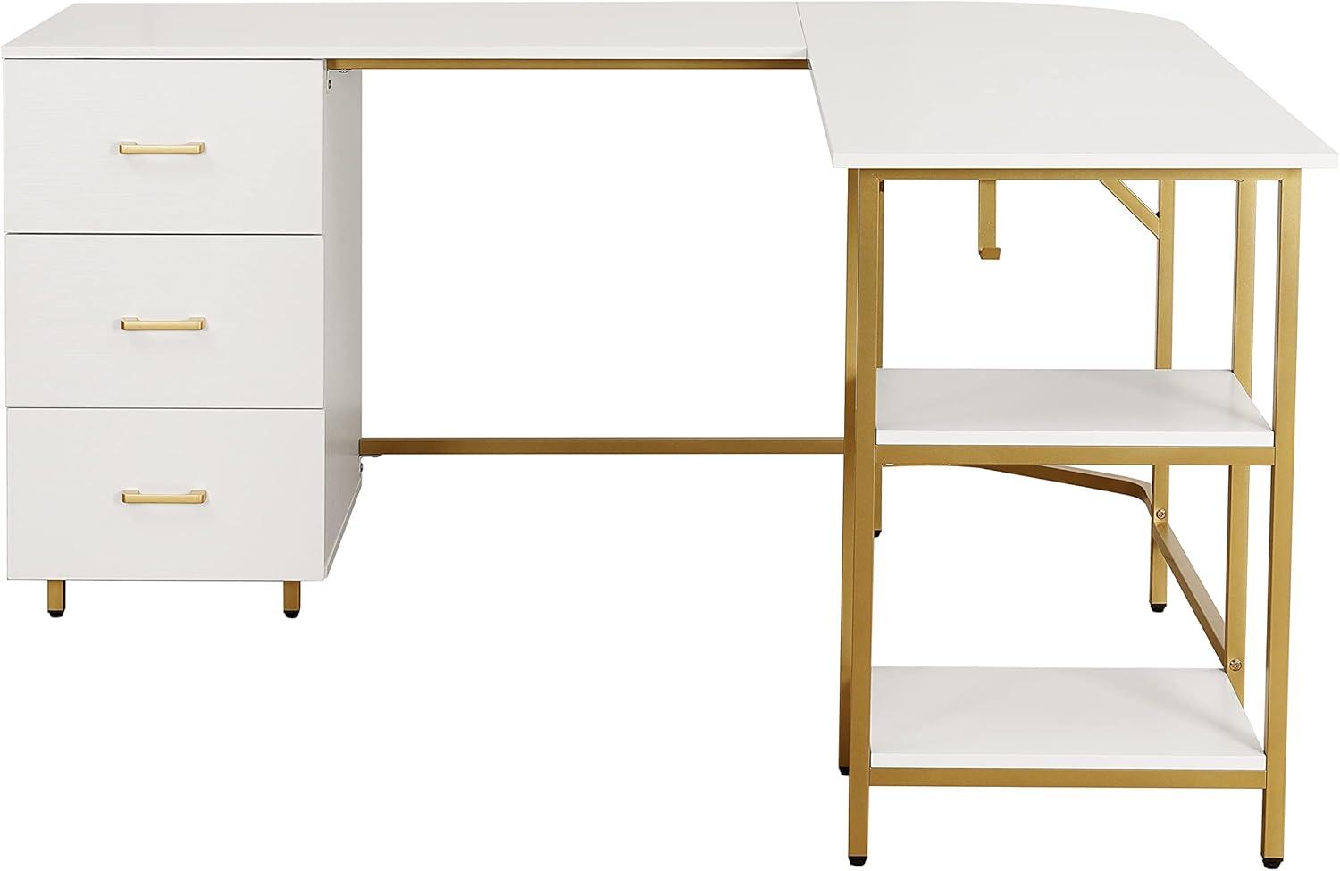 Techni Mobili L-Shape Home Office Desk with Storage, Gold/White