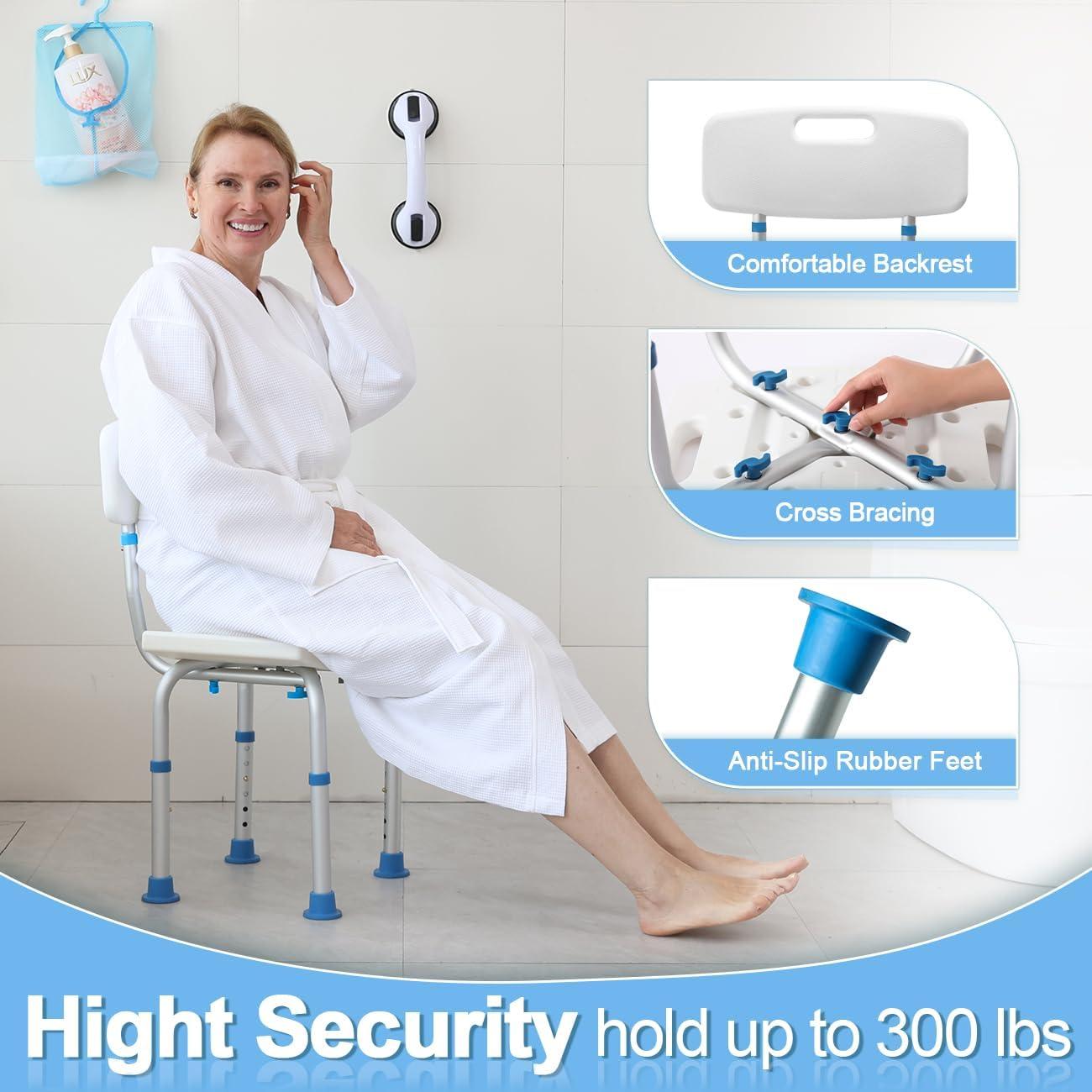 Adjustable White and Blue Aluminum Shower Chair with Backrest