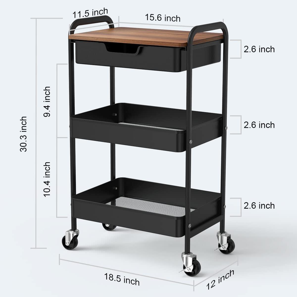 Utility Cart with Wooden Table Top, 3-Tier Metal Rolling Storage Cart, Black Trolley Kitchen Organizer Rolling Desk with Locking Wheels for Office, Classroom, Home