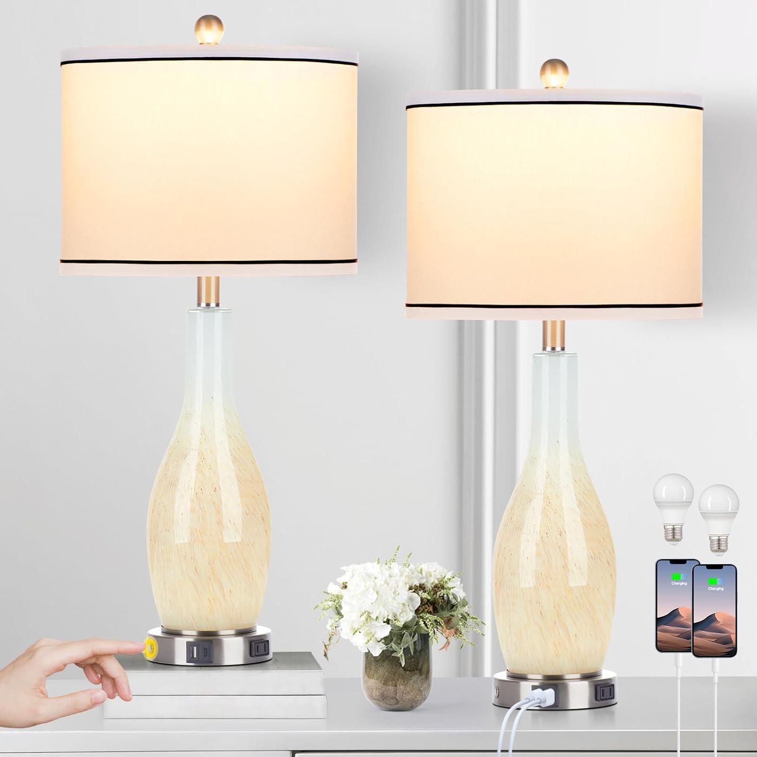 Ivy Bronx 27" Glass Table Lamps Set Of 2 With Nightlight, 3 Way Touch Control Modern Bedside Lamps With USB A+C Ports & AC Outlet, Boho Yellow Nightstand Lamps For Bedroom Living Room