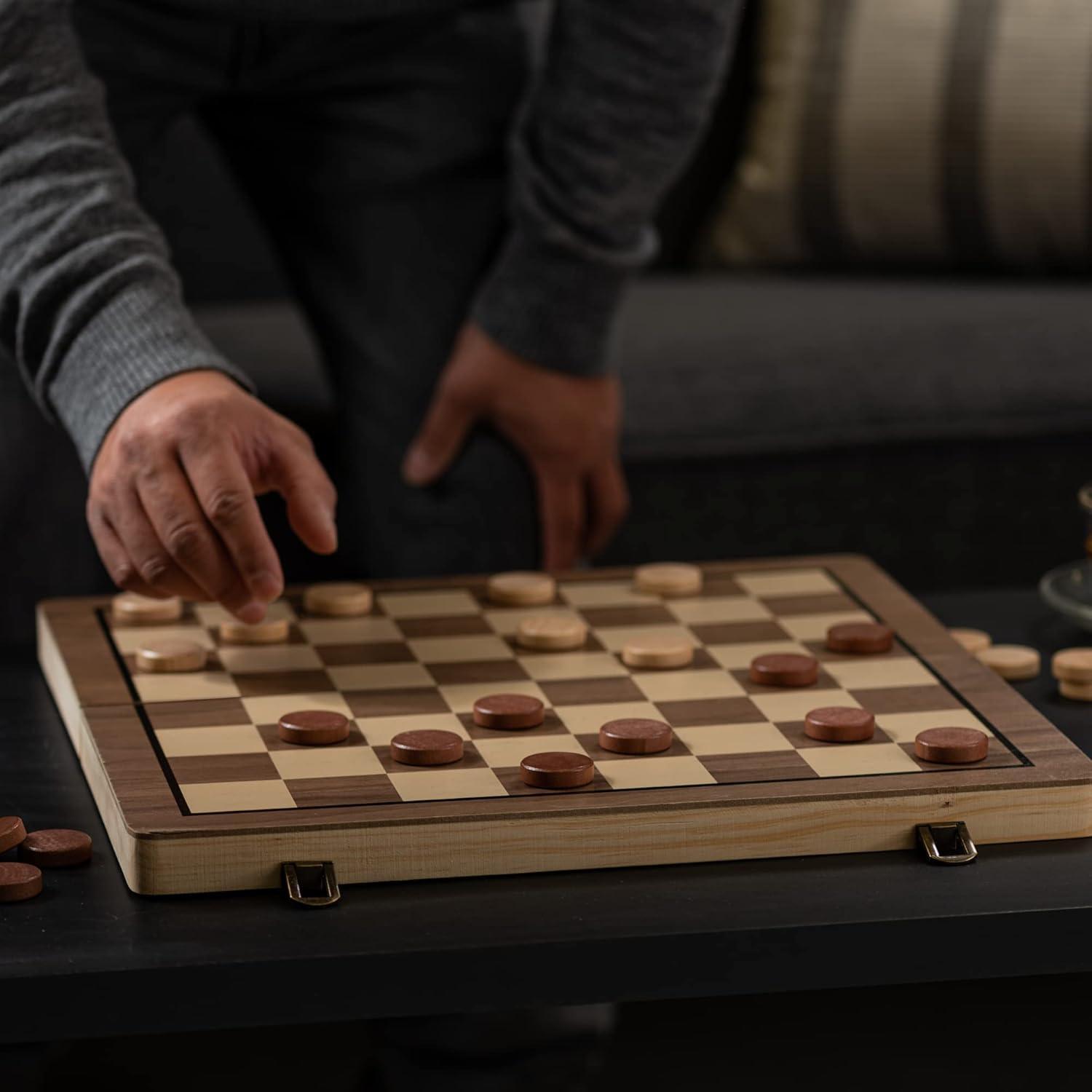 KiddiTouch 15 inch Magnetic Wooden Chess Set 2 in 1 Folding Chess Board Travel Chess Games for Adults and Kids