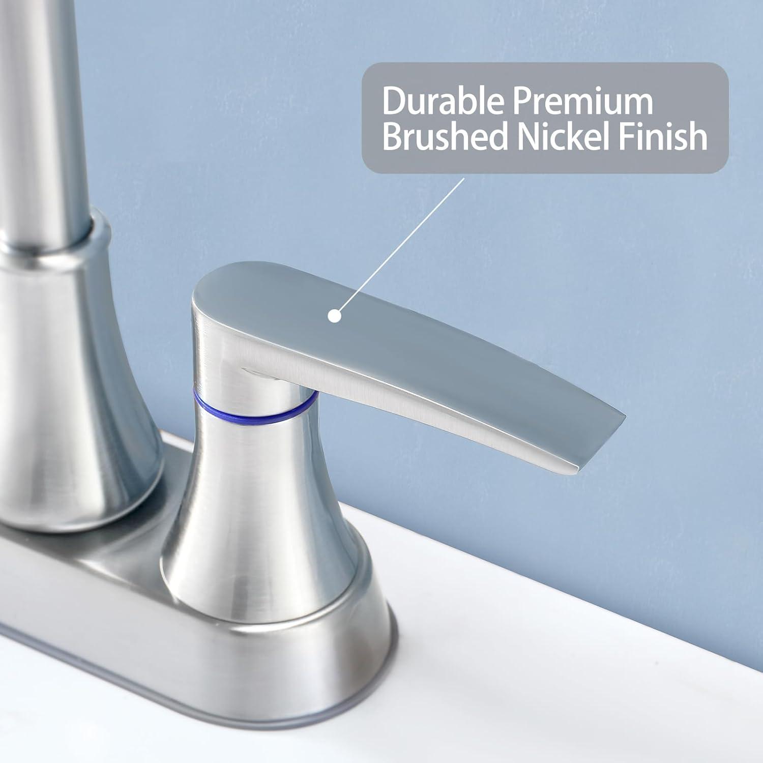 Brushed Nickel Bathroom Faucet, 2-Handle Lead-Free 360° Swivel High-Arc Spout 4 Inch Centerset Bath Lavatory Vanity Sink Faucets Set for Sinks with Drain & Water Hoses, VABM80008L