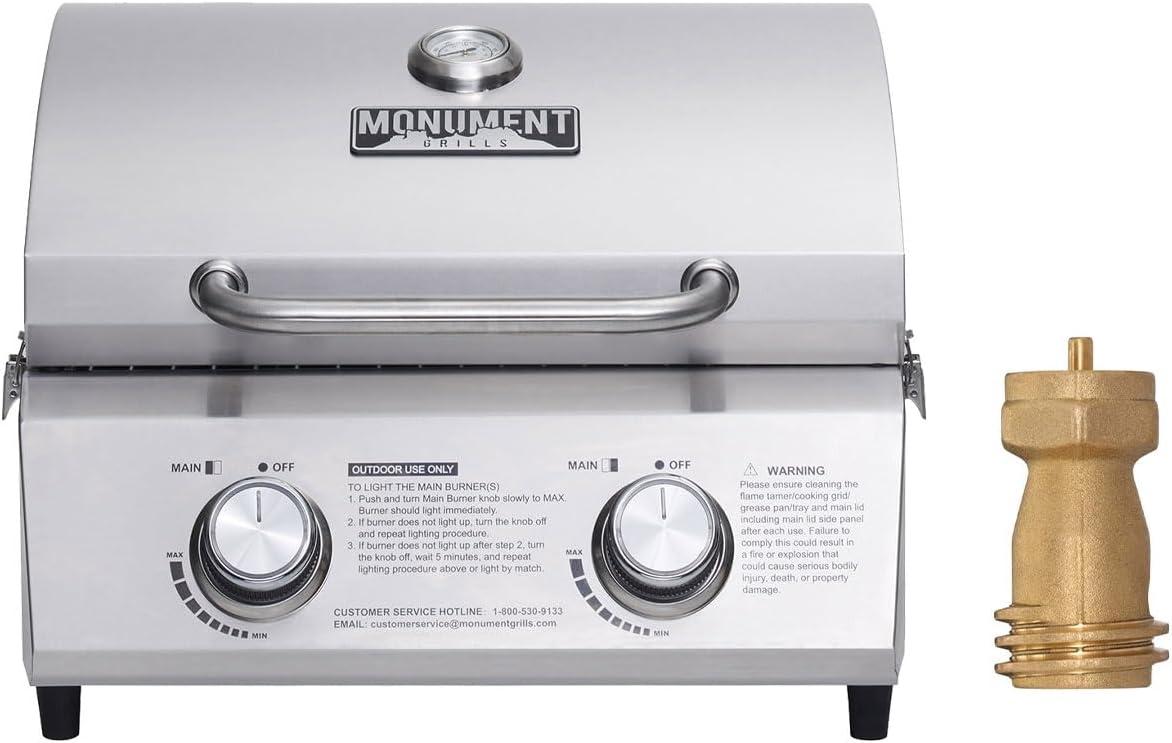 Monument Grills 13742,2-Burner Portable Stainless Steel Tabletop Propane Gas Grill with High Lid and Travel Locks, 15,000 BTU – Perfect for Family BBQs