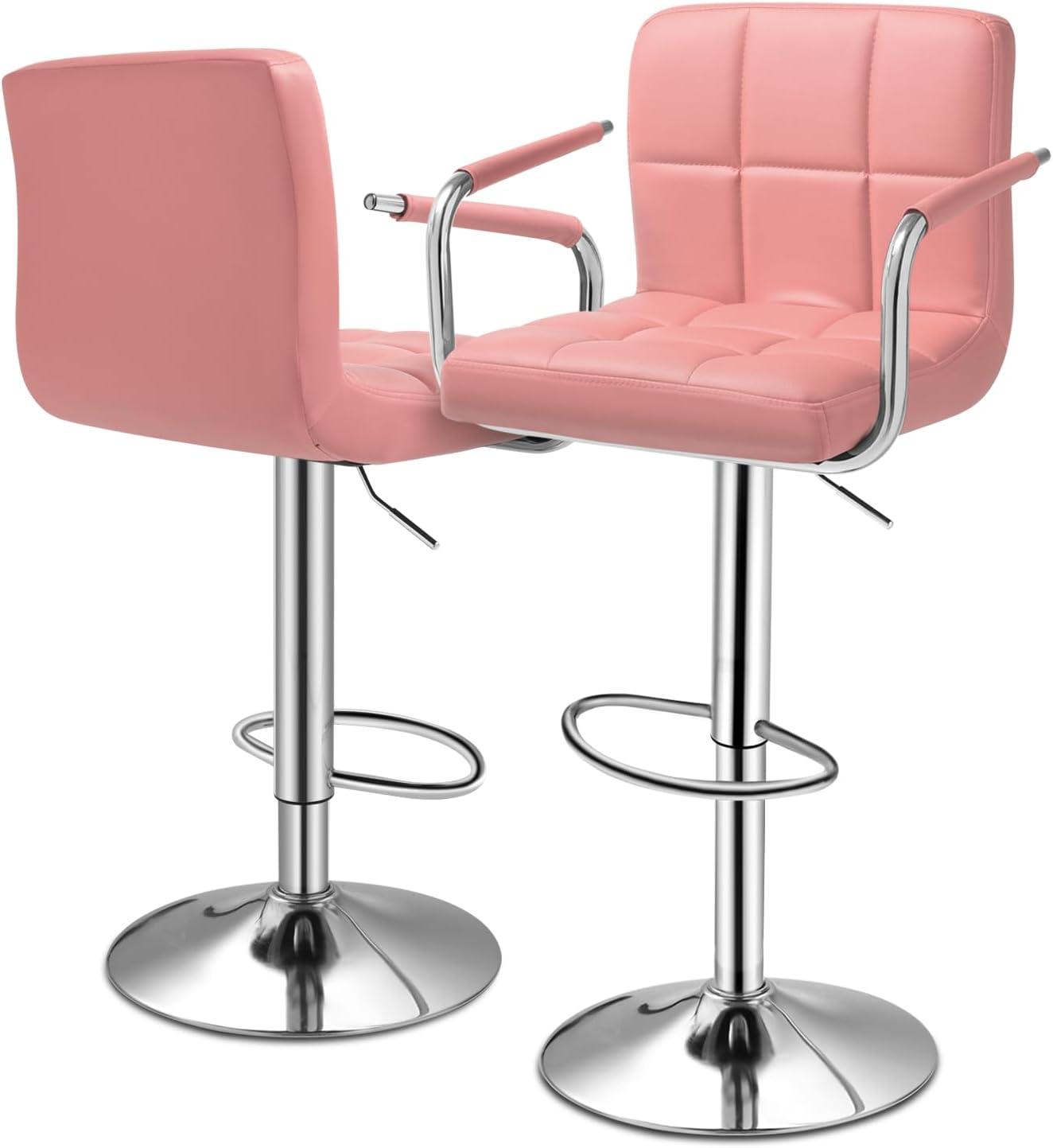 MoNiBloom Swivel Counter Height Bar Stools with Back Set of 2, Adjustable Height Dining Barstools with Footrests, Pink