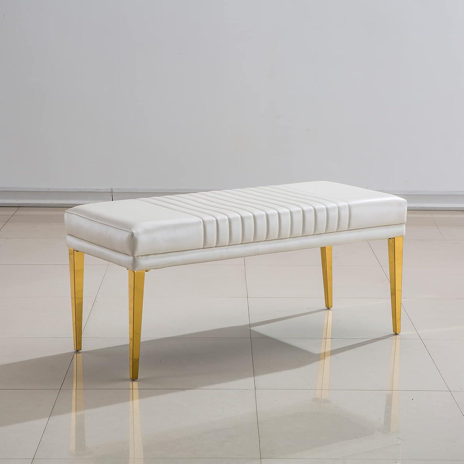 White PU Leather Upholstered Bench with Gold Stainless Steel Legs