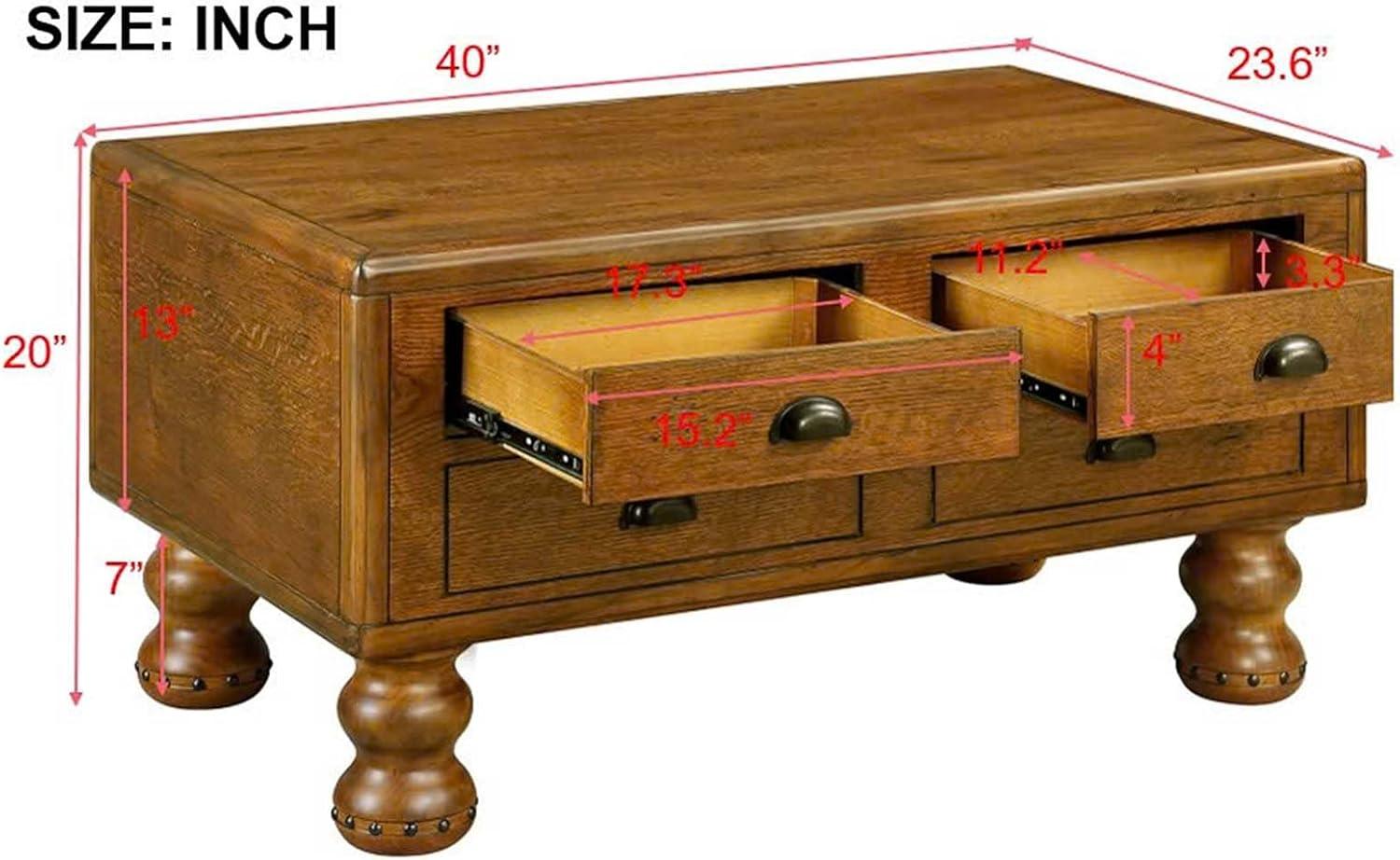 LKTART Wood Coffee Table with Storage Drawers, Vintage Rectangular Coffee Table for Living Room, Distressed Center Table with Rivet Decoration Legs(Rustic Brown, 40 inch)