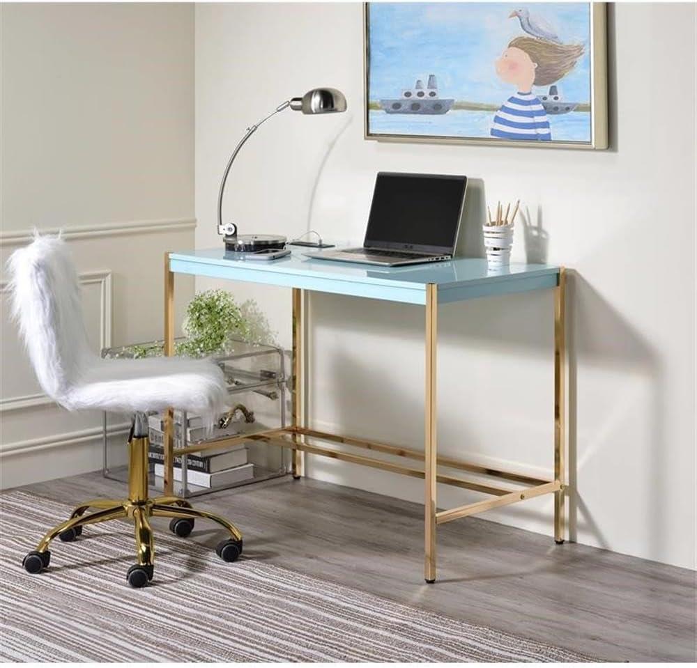42" Midriaks Writing Desk Baby Blue/Gold Finish - Acme Furniture: Chic Office Furniture with USB Ports