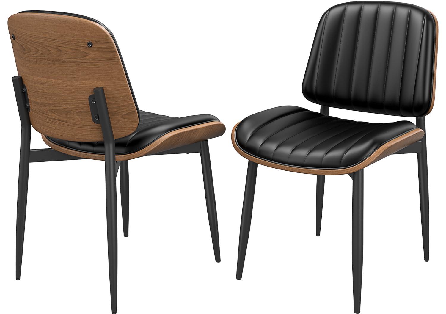 Dining Chairs Set of 2, Mid Century Modern Retro Faux Leather Chair with Walnut Bentwood Back, Upholstered Seat Metal Legs & Adjustable Foot for Kitchen Dining Room Chairs(Black PU)