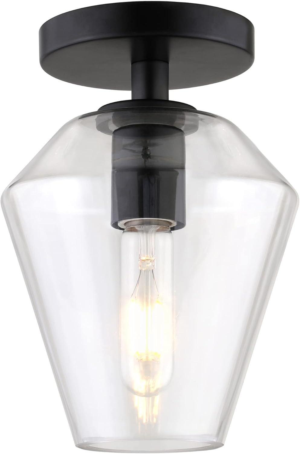 Gem-Shaped Matte Black Semi-Flush Mount with Glass Shade