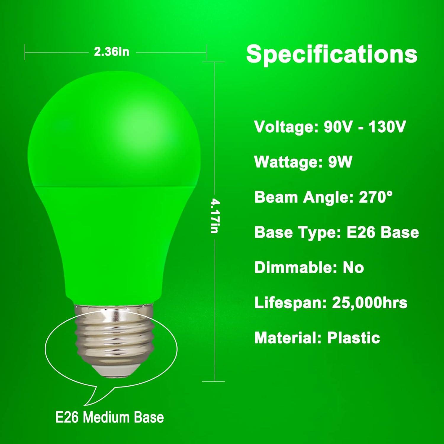 EDISHINE Green LED Light Bulbs for Holiday Party Decoration, A19 9W LED Bulbs 60W Equivalent E26 Base 4 Pack, ETL Listed