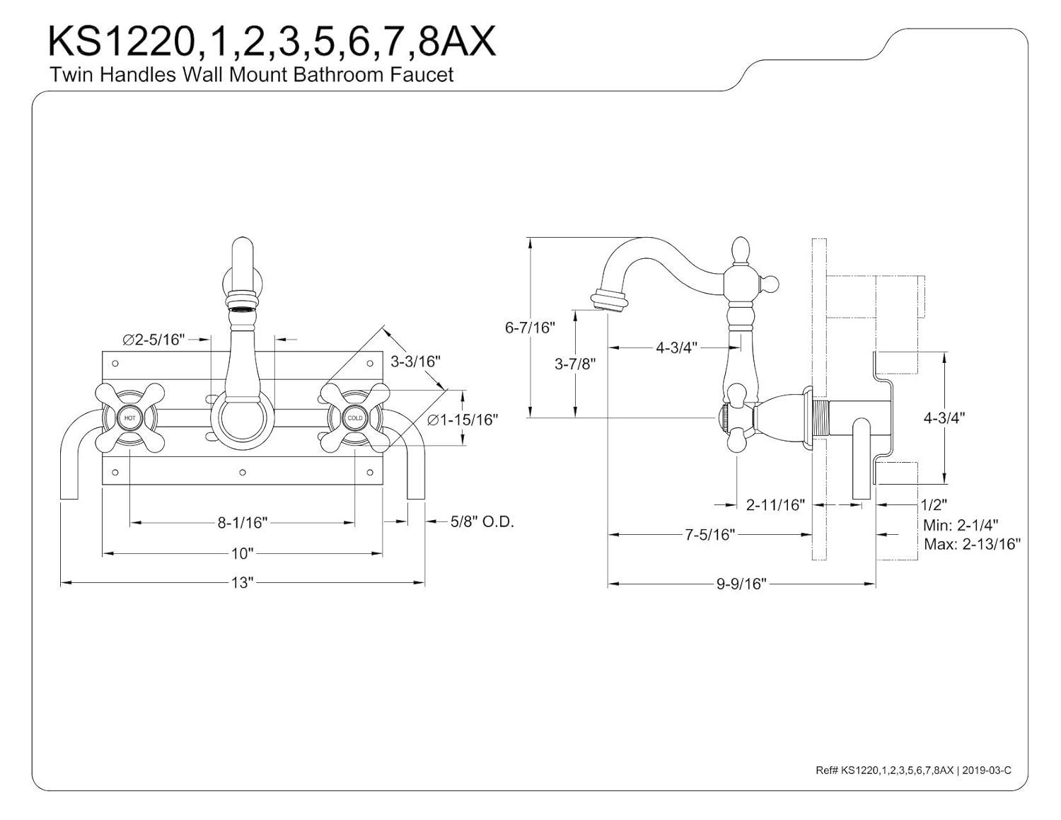 Kingston Brass Kingston Brass Heritage Two-Handle 3-Hole Wall Mount Bathroom Faucet KS1226AX