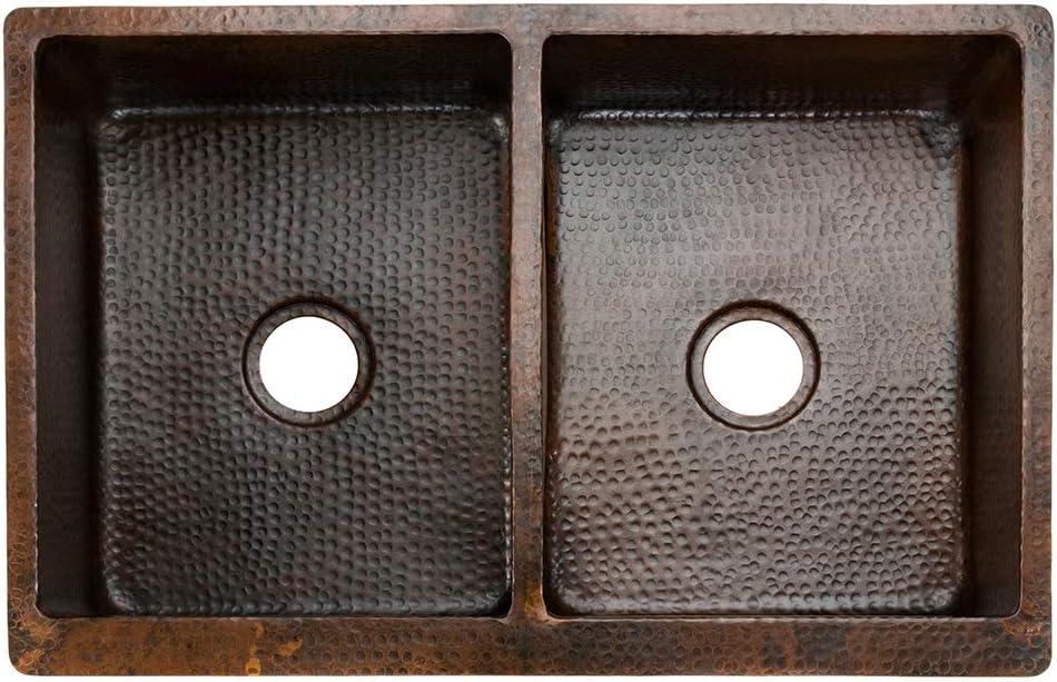 Premier Copper Products KA50DB33229 33" Hammered Copper Apron Front 50/50 Double Basin Kitchen Sink