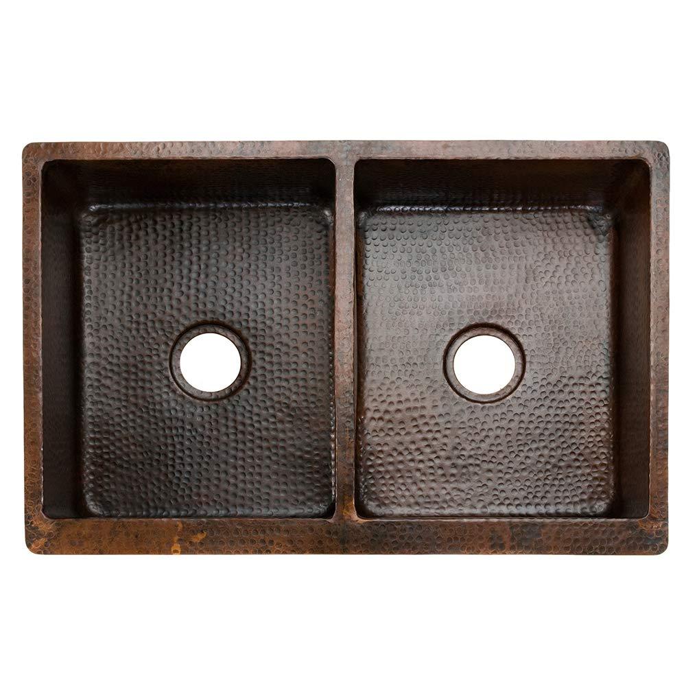 Premier Copper Products KA50DB33229 33" Hammered Copper Apron Front 50/50 Double Basin Kitchen Sink