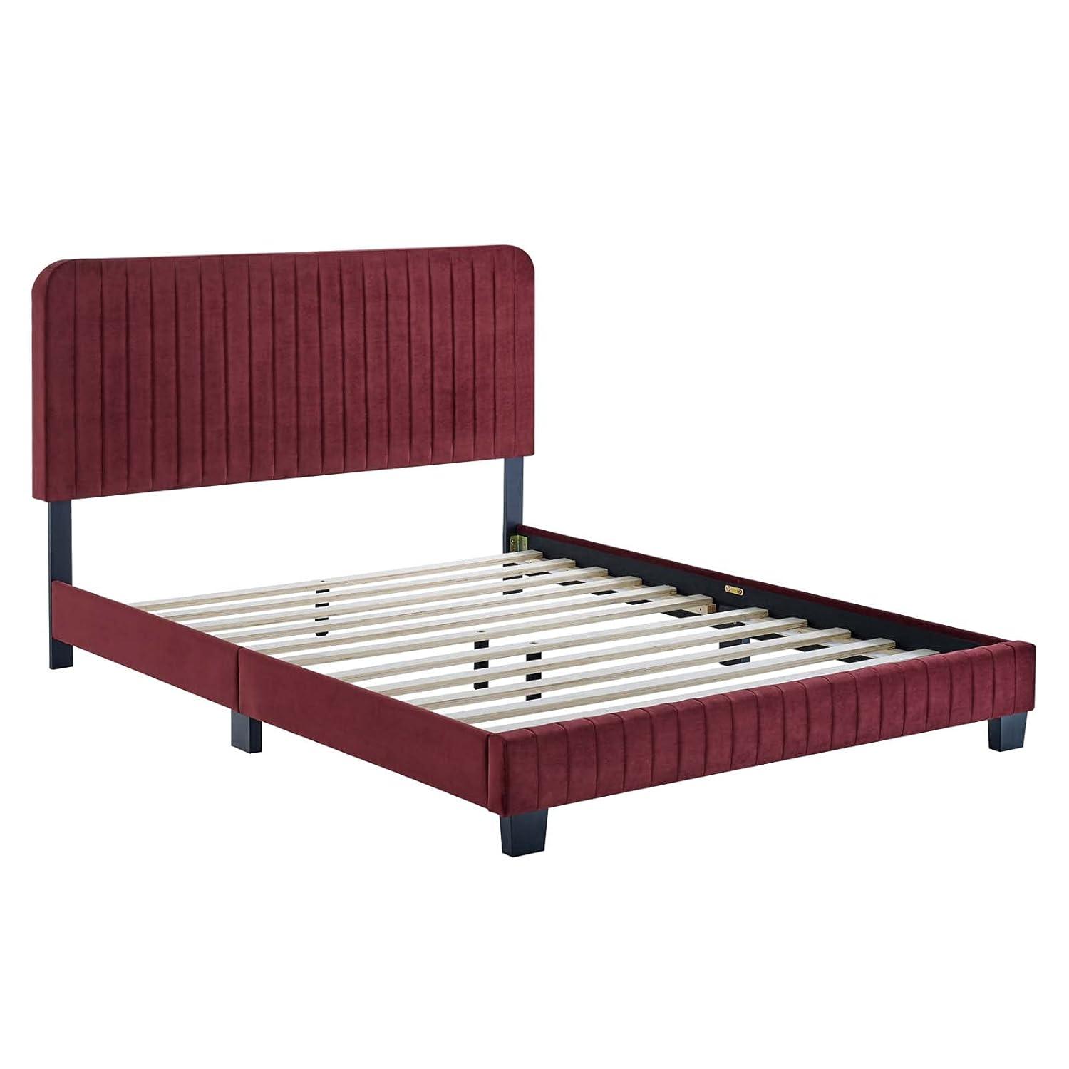Modway Celine Channel Tufted Performance Velvet King Platform Bed in Maroon