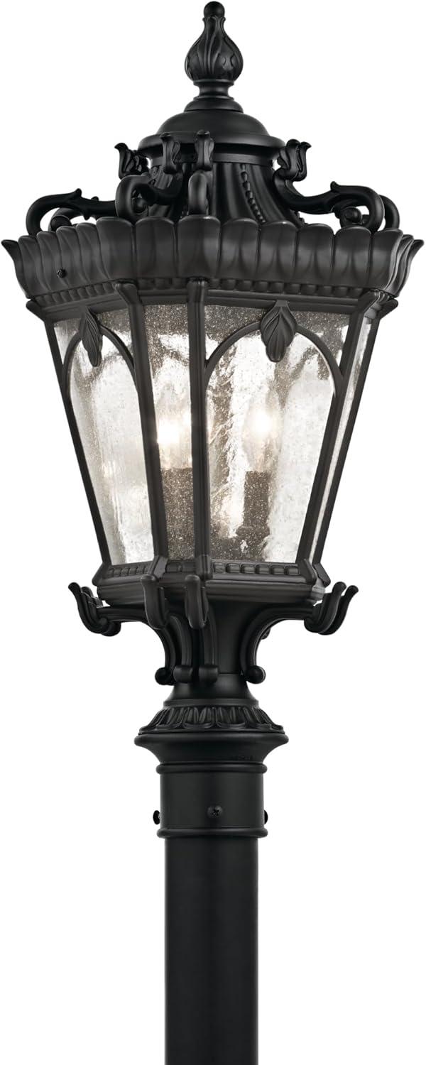 Traditional Black Aluminum Outdoor Post Lantern with Clear Seeded Glass