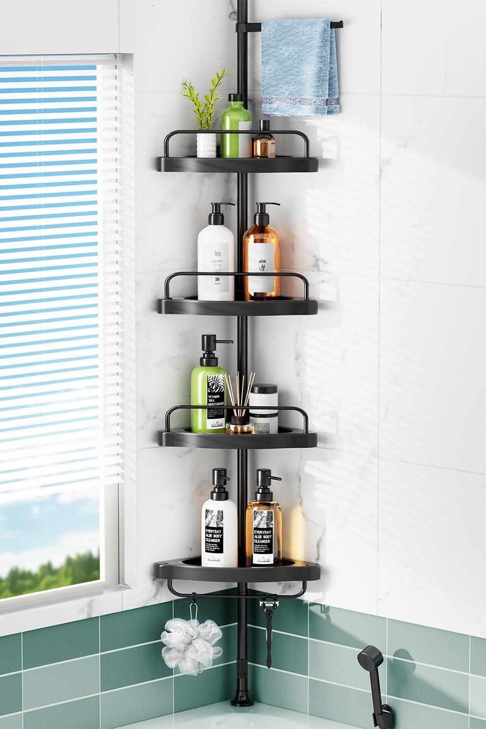 Corner Shower Caddy Tension Pole: Rust Proof 4Tier Shampoo Storage Organizer for Inside Shower - Telescoping Rod Shower Rack for Bathroom and Bathtub - Restroom Floor Standing Bath Rack Holder Black