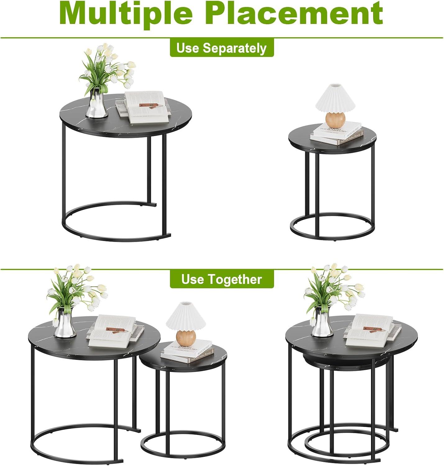 Yesfashion Nesting Coffee Table Set Of 2, 27.6" Round Coffee Table Wood Top With Sturdy Metal Frame, End Table Side Tables For Living Room Bedroom Balcony Yard