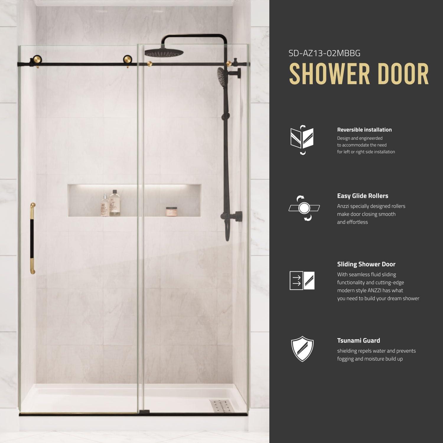 Swcorp  76 x 48 in. Madam Series Frameless Sliding Shower Door in Matte Black & Brushed Gold