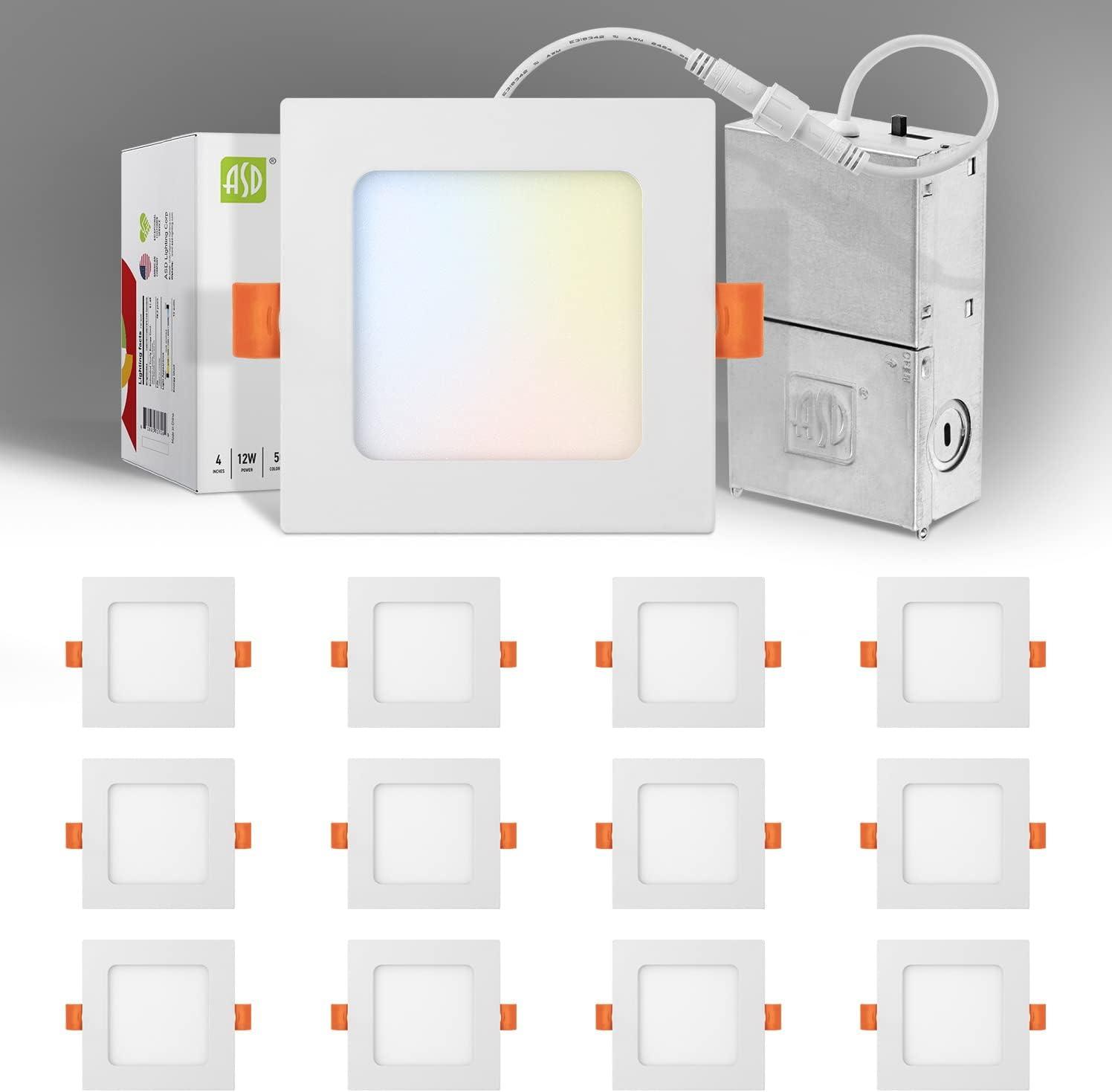 ASD LED Square Recessed Lighting 4 Inch | 2700K/3000K/3500K/4000K/5000K, 12W 50W Eqv | Ultra Thin Dimmable Ceiling Lights with J Box, Canless Wafer Downlight | Slim Panel Light, UL Energy Star 12 Pack