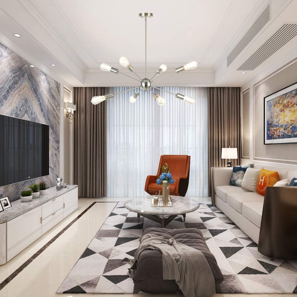 Sputnik Chandelier 8 Lights Brushed Nickel Modern Pendant Lighting Mid Century Flush Mount Ceiling Light Fixture Adjustable Height for Kitchen Dining Room Living Room Bedroom Foyer