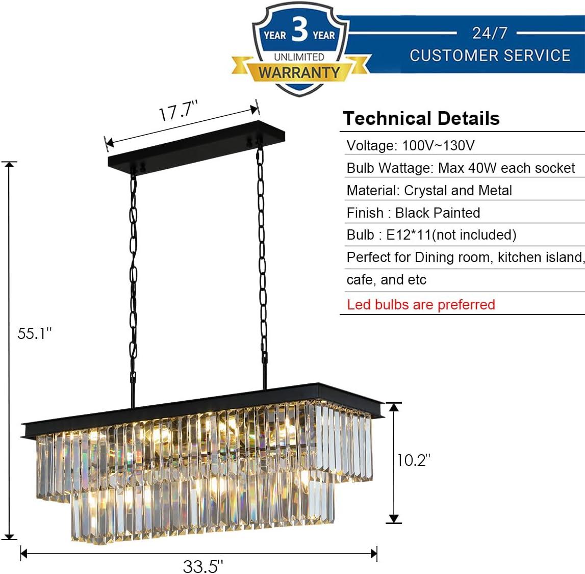 Crystal Chandeliers for Dining Room 11-Light Black Modern Chandelier Rectangle Contemporary Pendant Light Fixture for Kitchen Island Bar