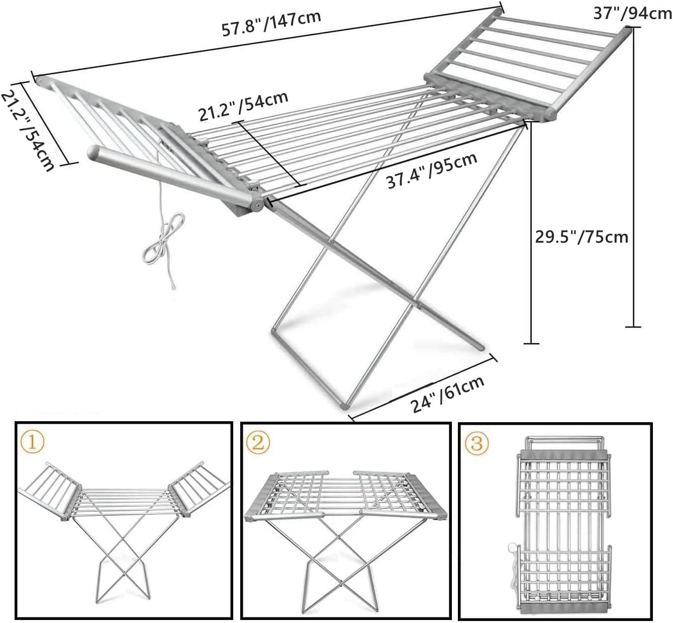 Heated Clothes Drying Rack, Folding Electric Clothes Drying Rack, Collapsible Laundry Drying Rack, Free-Standing Heating Garment Dryer Towel Rail Space Saving for Home Indoor/Outdoor