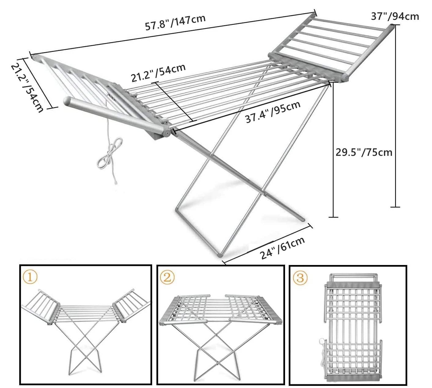 Heated Clothes Drying Rack, Folding Electric Clothes Drying Rack, Collapsible Laundry Drying Rack, Free-Standing Heating Garment Dryer Towel Rail Space Saving for Home Indoor/Outdoor