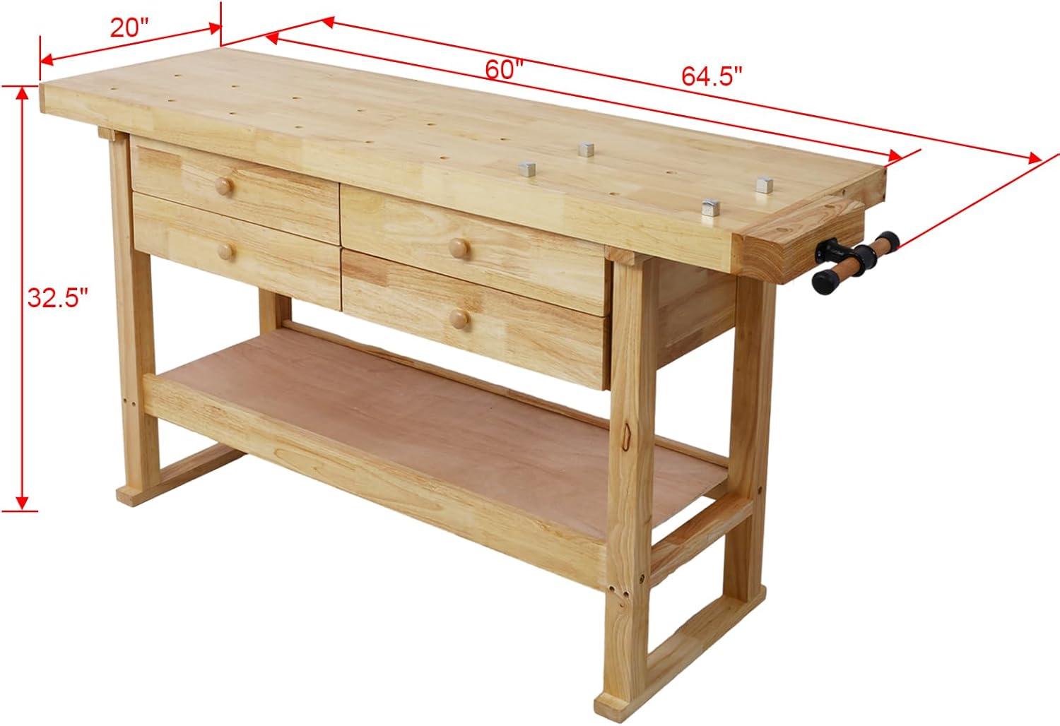 60" Natural Rubberwood Workbench with Drawers and Shelf