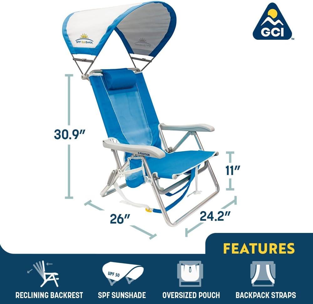 Blue Reclining Beach Chair with Adjustable Canopy and Armrests