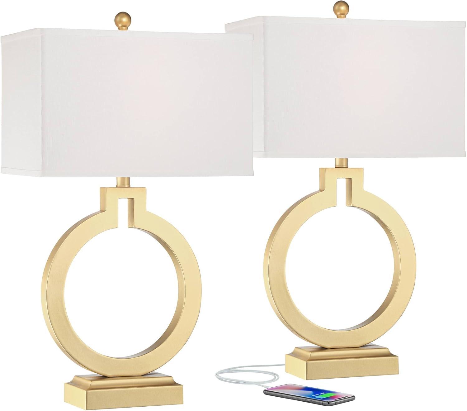 360 Lighting Modern Table Lamps 28 1/2" Tall Set of 2 with USB Charging Port Brushed Gold Open Ring White Shade for Bedroom Living Room House Bedside