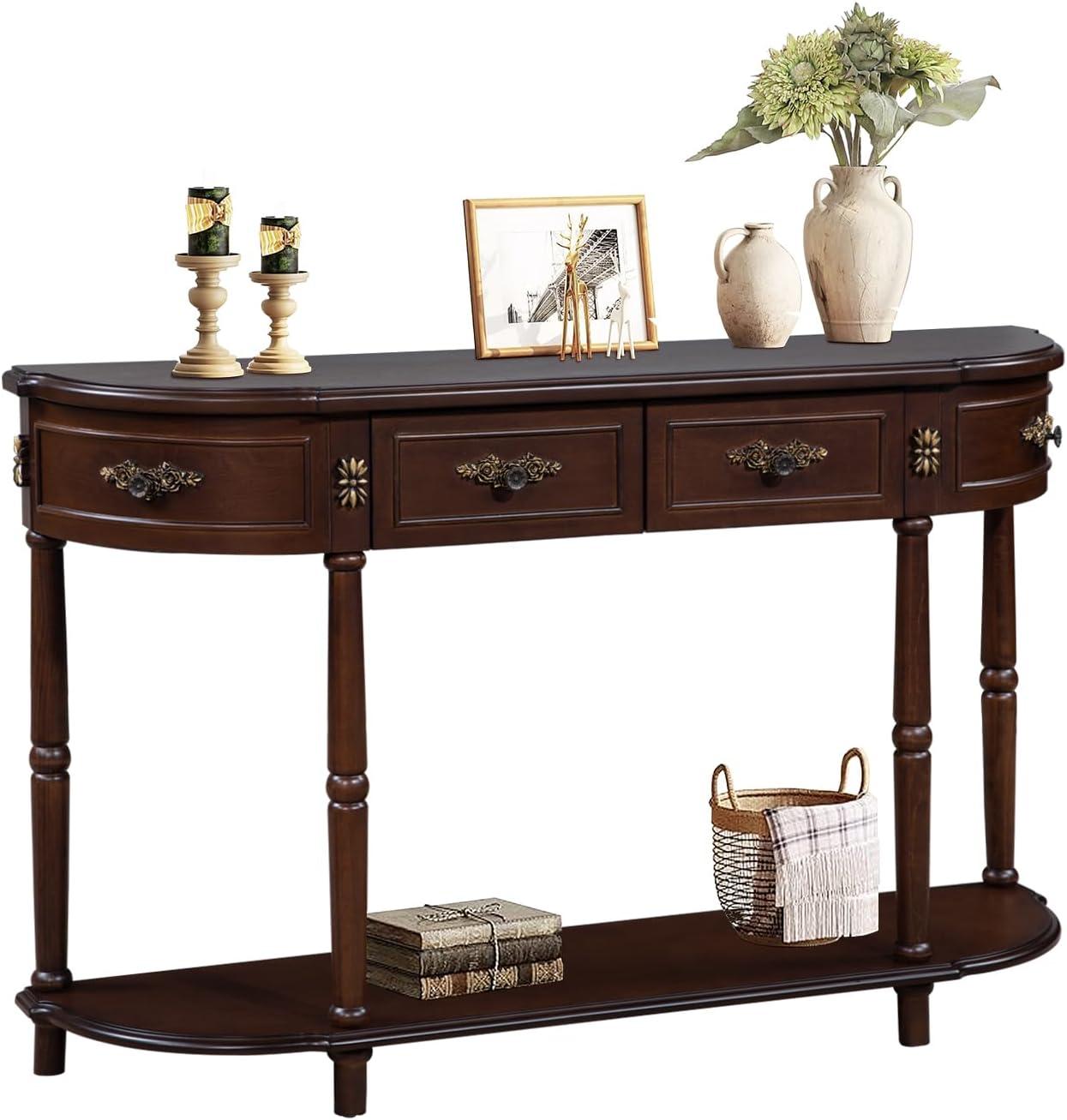 52" Espresso Wood Demilune Console Table with Storage