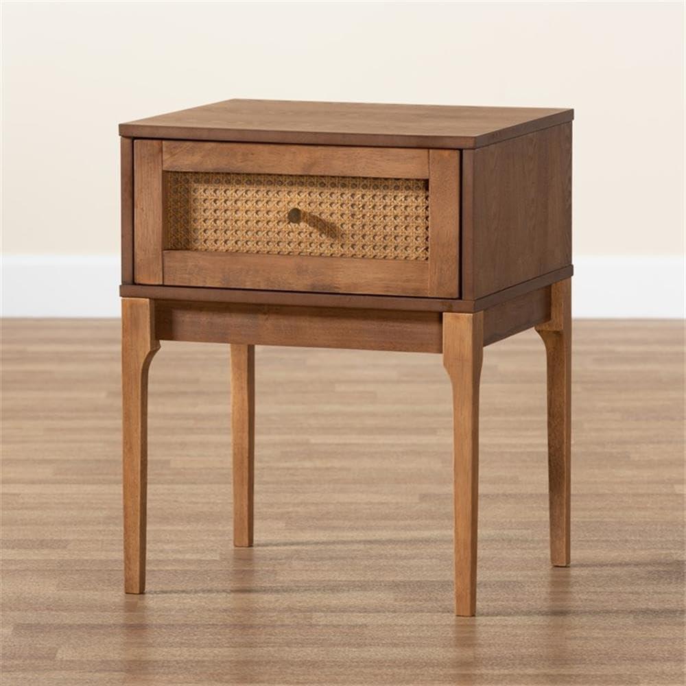 Baxton Studio Ramiel Ash Walnut Finished Wood and Rattan 1-Drawer Nightstand