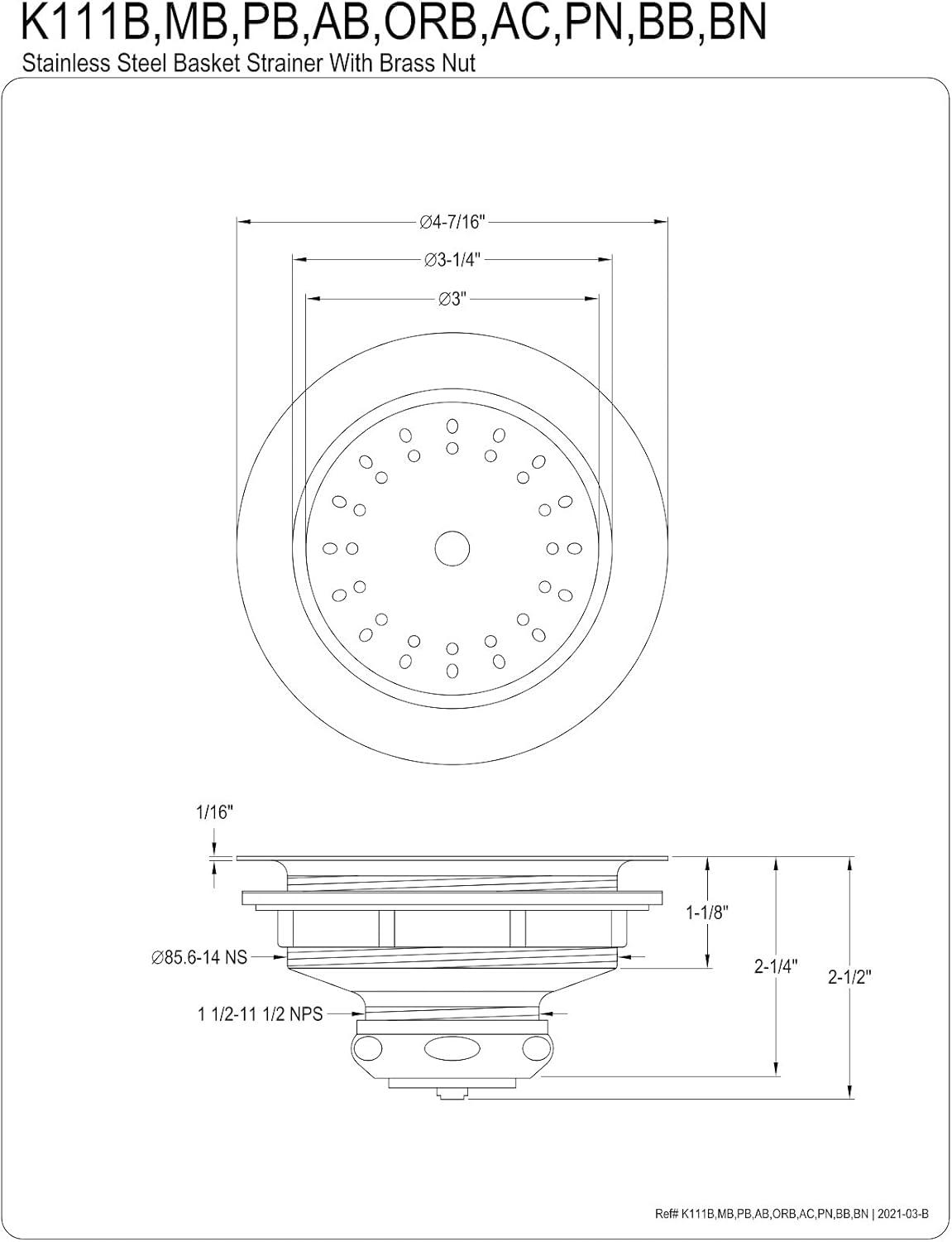 Kingston Brass K111b Tacoma 3" Basket Strainer - Brass