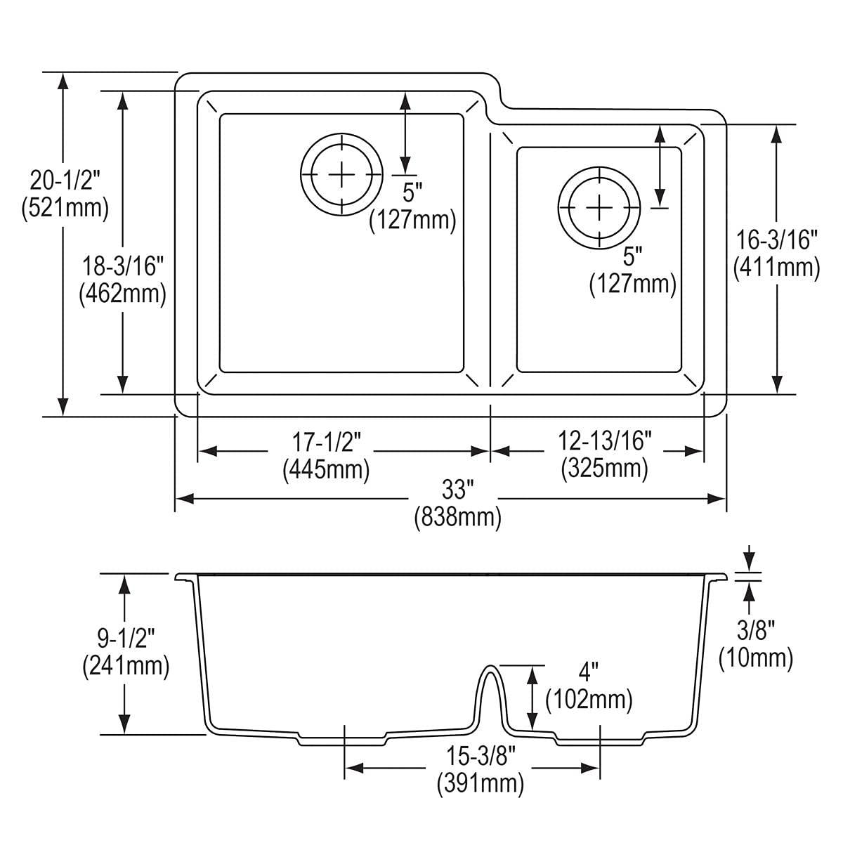 Quartz Classic 33" x 20-1/2" x 9-1/2" Double Basin Undermount Kitchen Sink