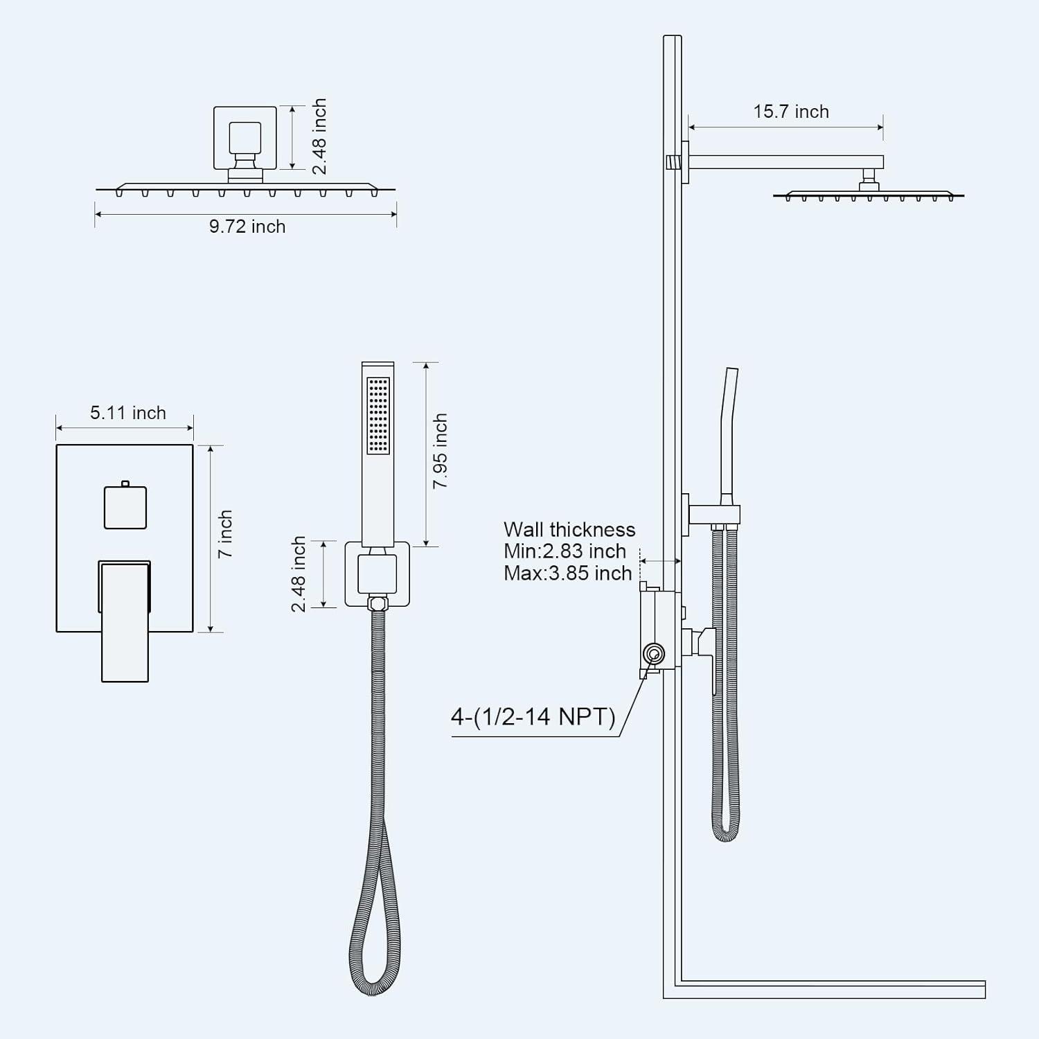 10-Inch Polished Chrome Square Rain Shower System with Handheld