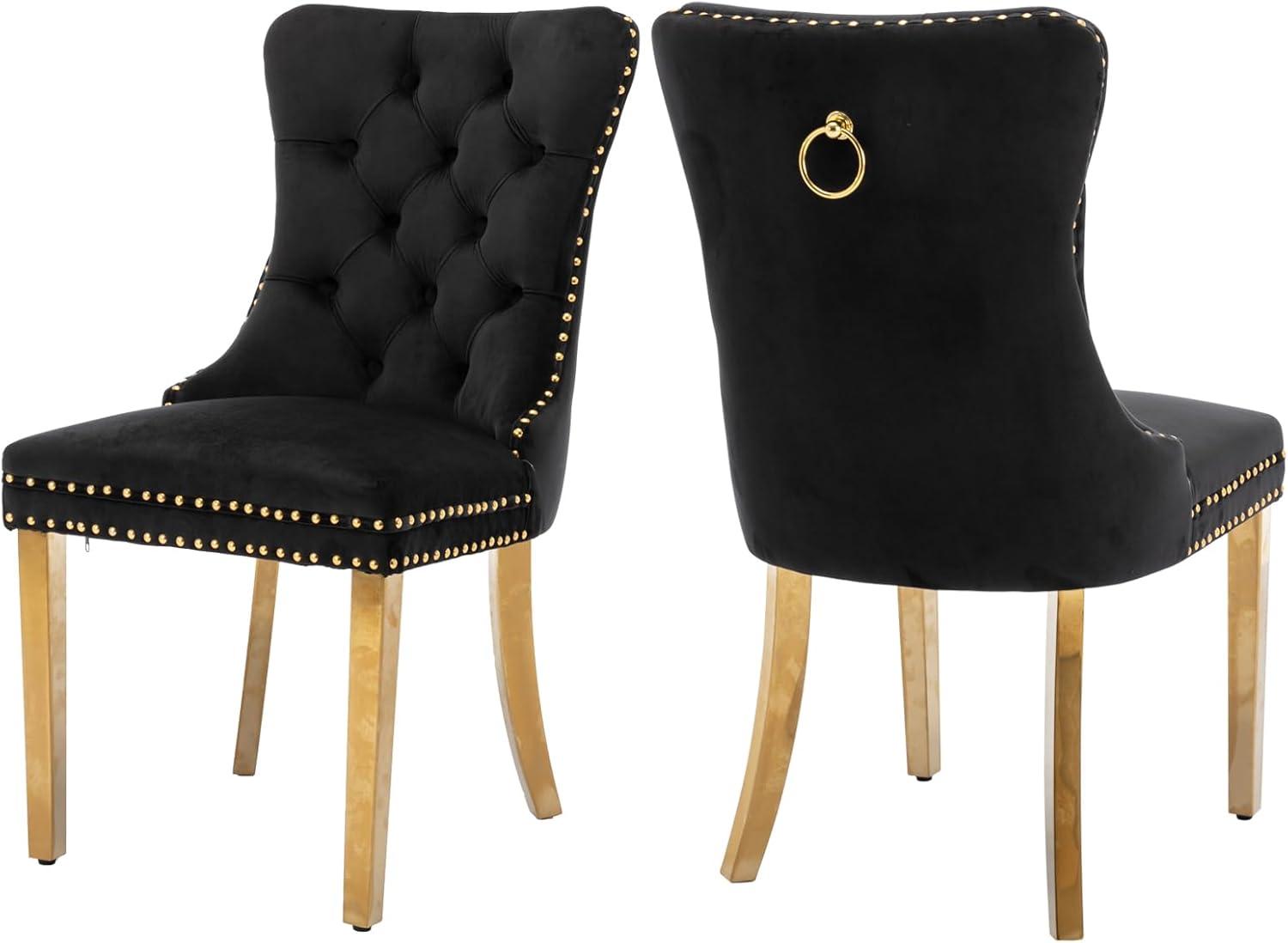 LegaHome Dining Chairs Set of 2, Modern Upholstered Velvet Dining Room Chairs with Nailhead Trim and Golden Stainless Steel Plating Solid Wood Legs, Tufted Button Padded Chairs Set for Kitchen, Black