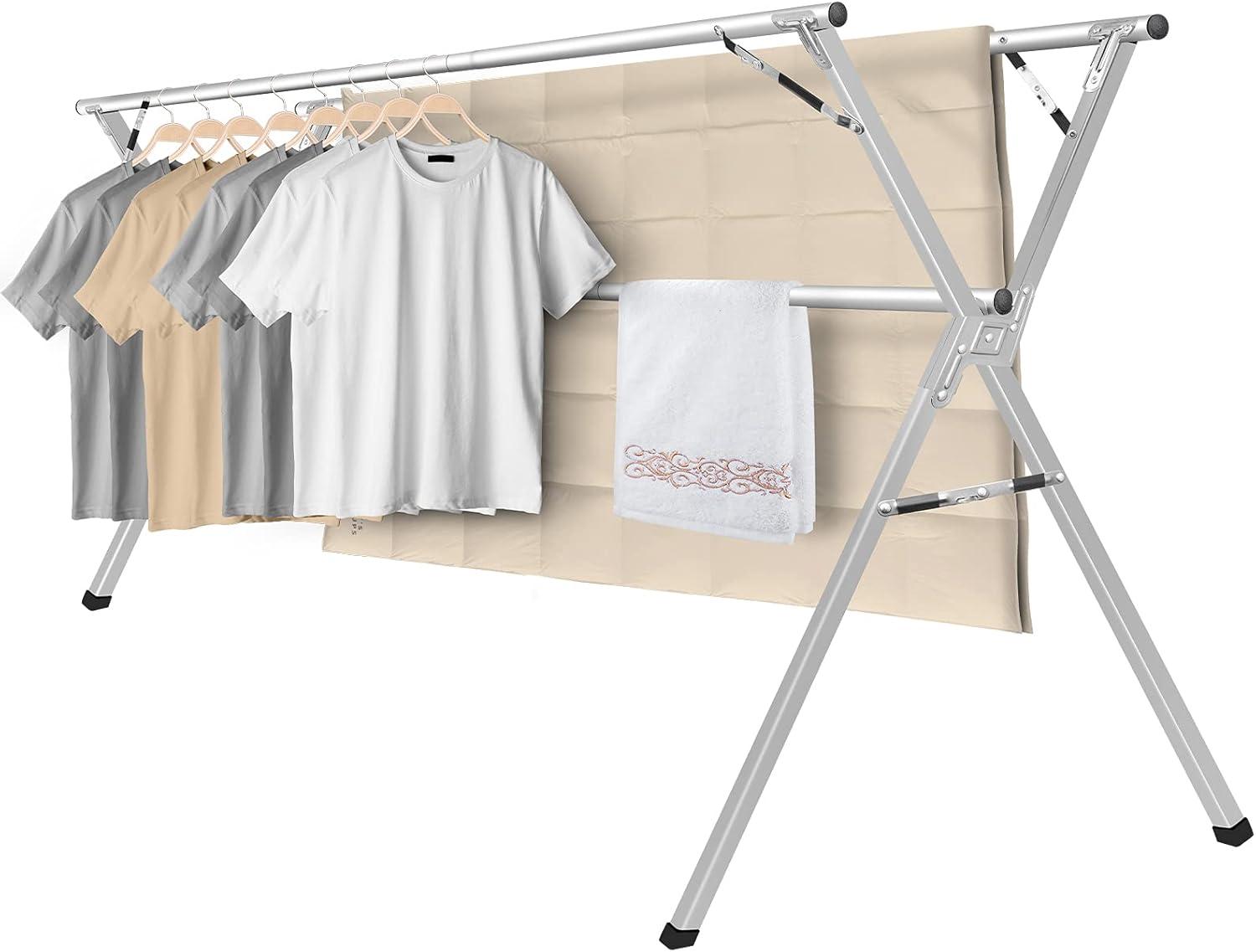 79" Foldable Stainless Steel Laundry Drying Rack with Windproof Hooks