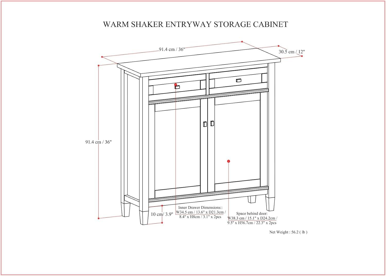 Warm Shaker SOLID WOOD 36" Wide Entryway Storage Cabinet in Light Golden Brown