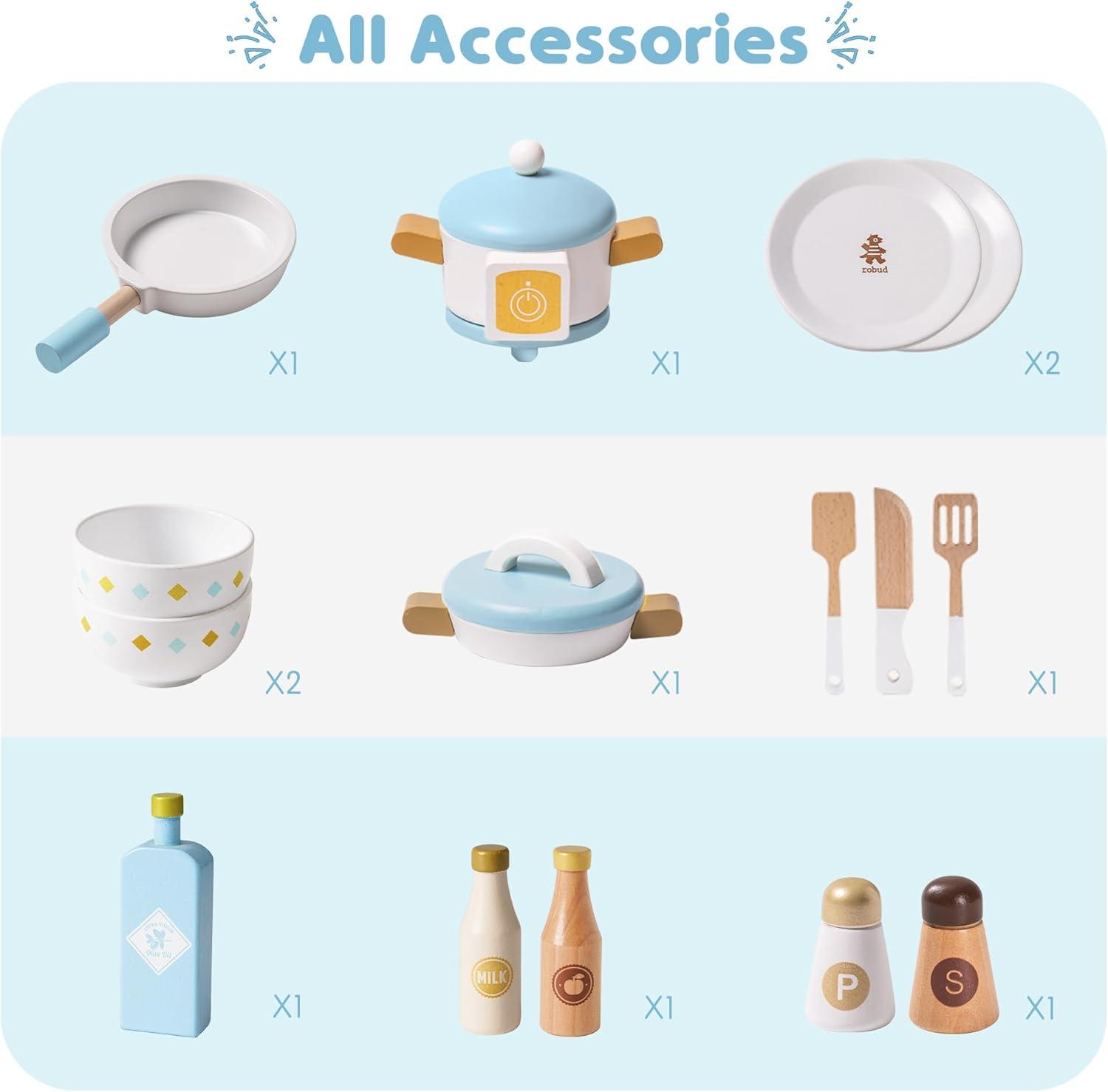 ROBUD Solid Wood Play Kitchen & Accessories Set, Preschool Kitchen Set, Kids Kitchen Playset