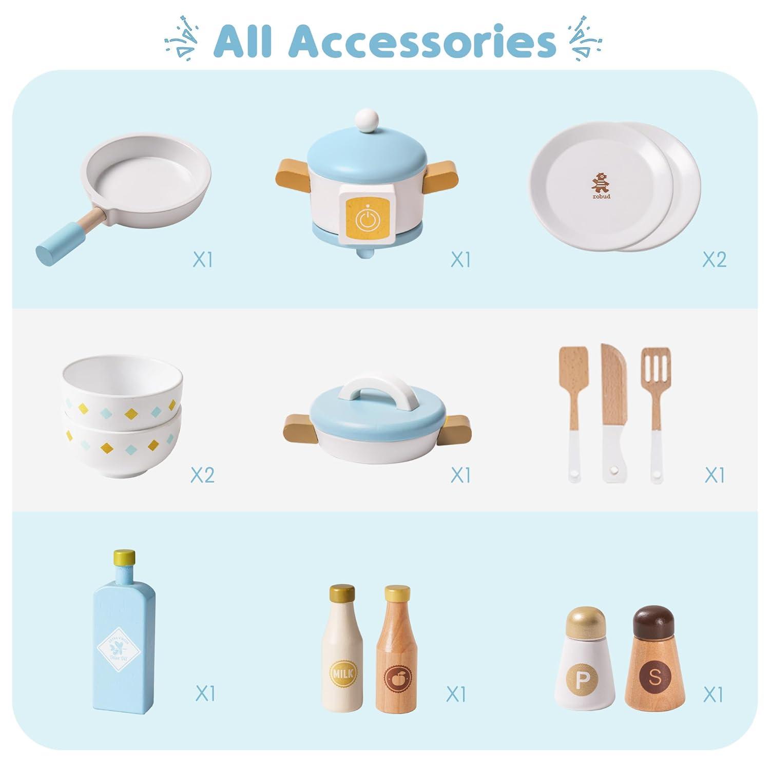 ROBUD Solid Wood Play Kitchen & Accessories Set, Preschool Kitchen Set, Kids Kitchen Playset