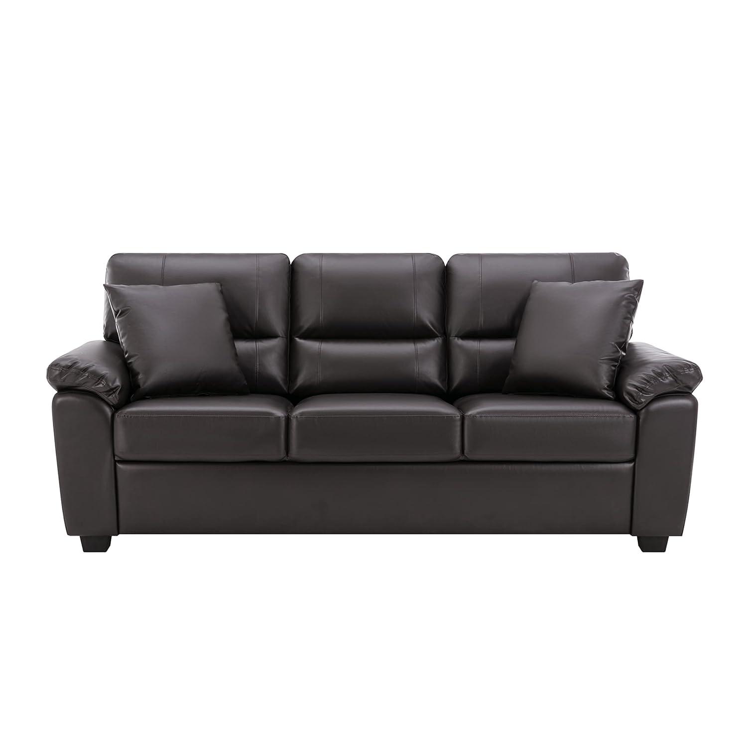 Chocolate Faux Leather Three-Seater Sofa with Removable Cushions