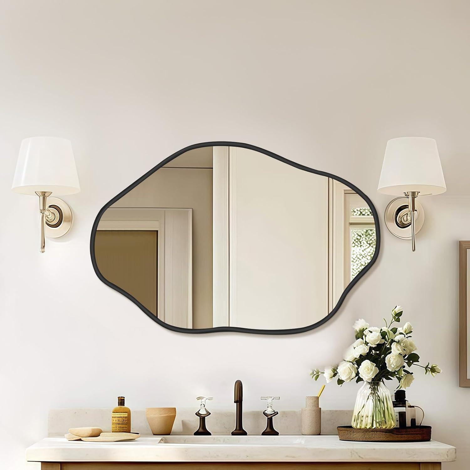 Funtouch Irregular Wall Mirrors 24"x 36" Cloud Shaped Mirrors for Bathroom, Aluminum Alloy Frame Black