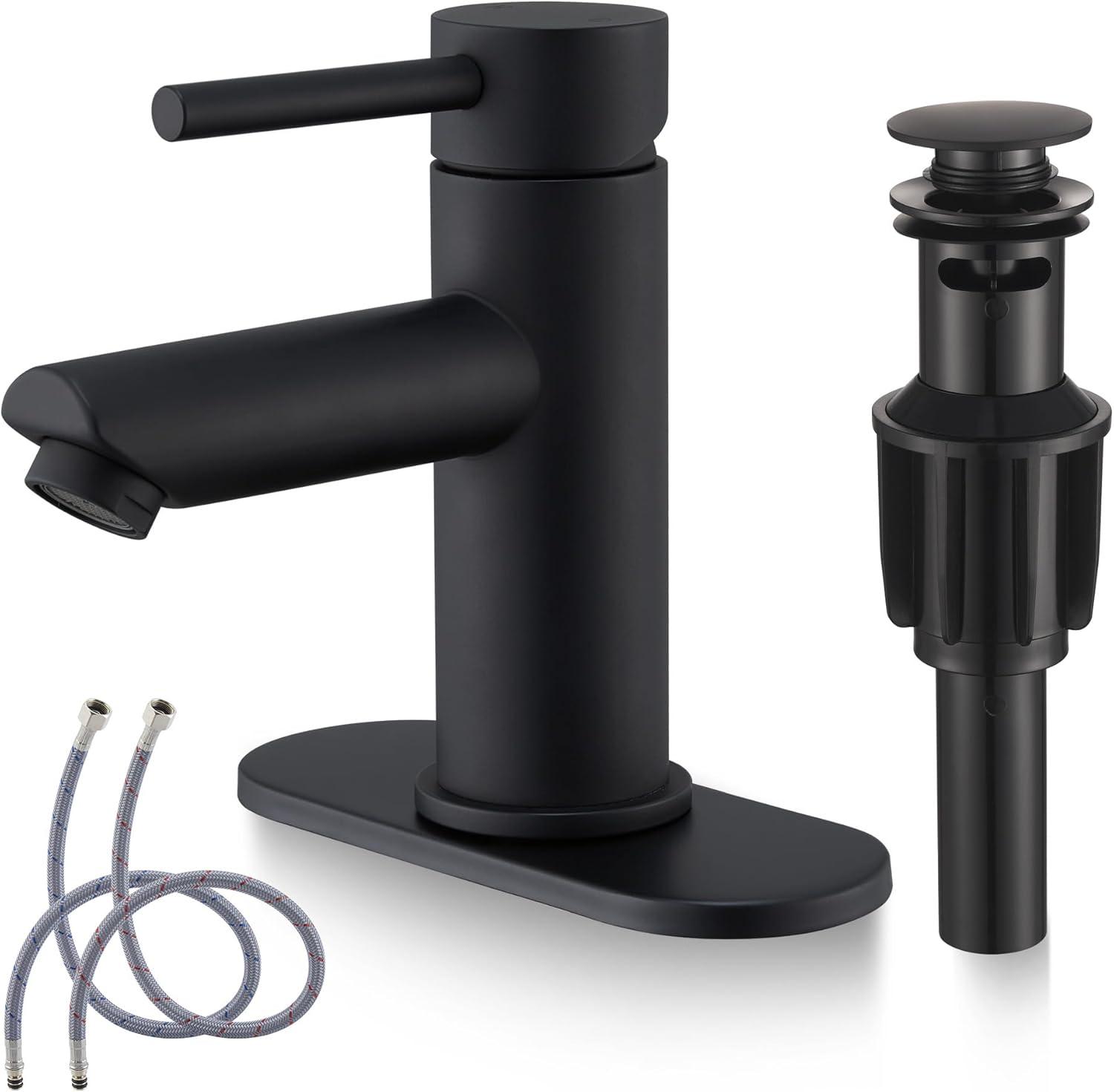 Bathroom Sink Faucet One Hole,Lavatory Tap for Basin,Matte Black Bathroom Sink Faucet with Metal Pop Up Drain Assembly， Bathroom Faucet 1 Hole with 3 Hole Deck Plate