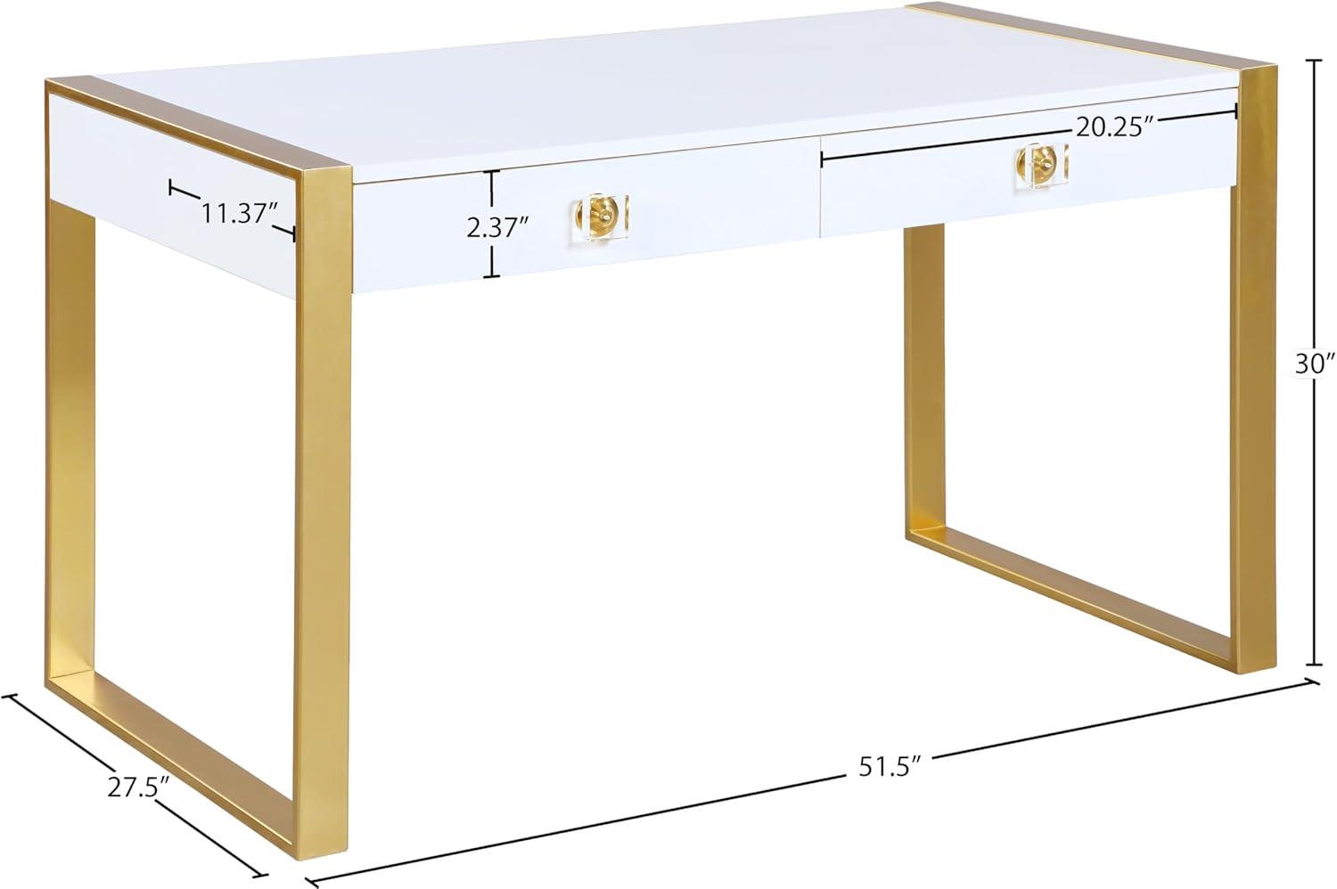 Meridian Furniture 427-T Victoria Collection Modern | Contemporary White Lacquer Desk | Console Table with Brushed Gold Base & Acrylic Handles